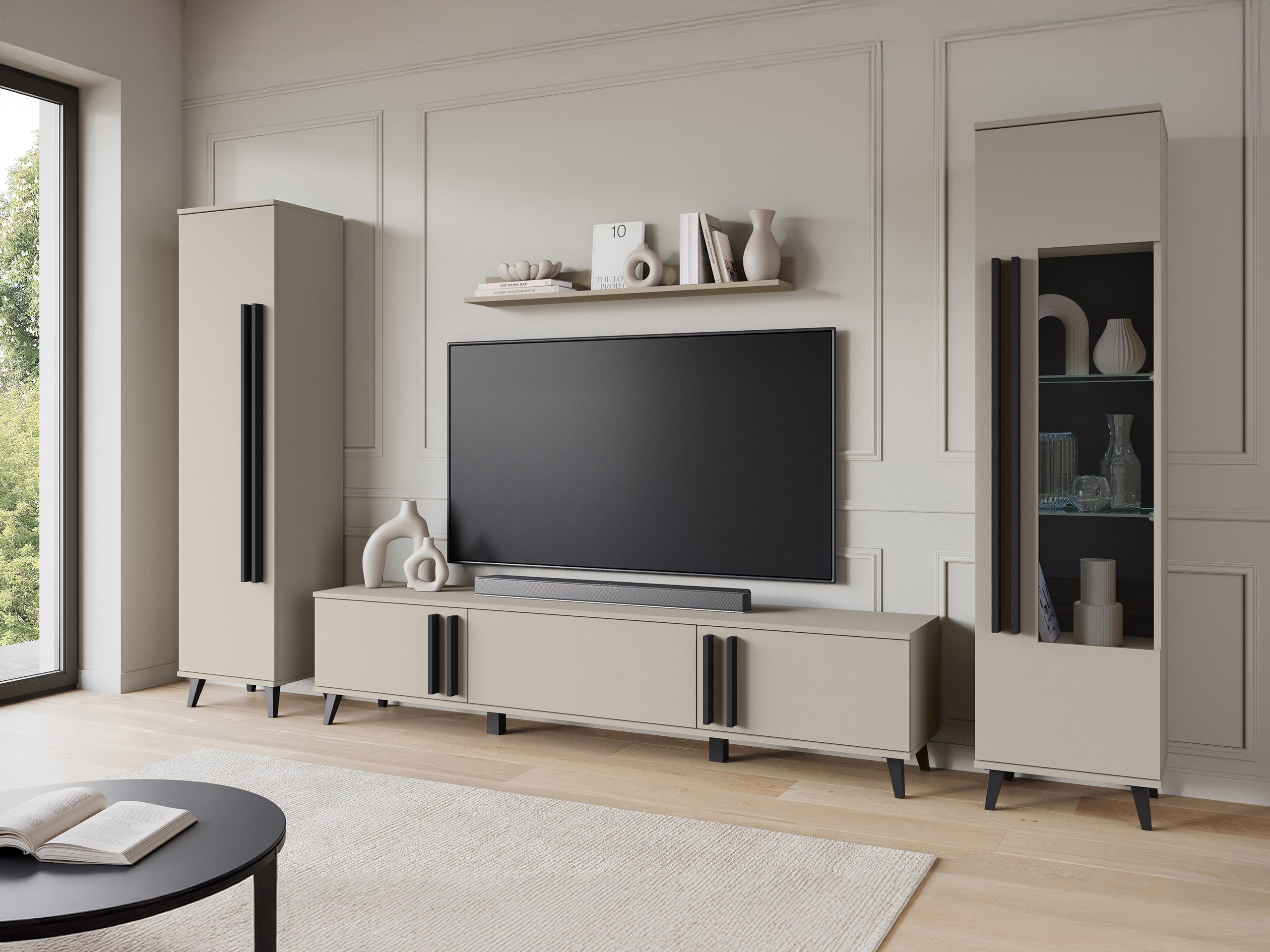 MIRJAN24 Wohnwand Helsinki II, (4er-Set, Vitrine, Regal, TV-Lowboard, Wandregal), Gehärtetes, durchsichtiges Glas 4 mm