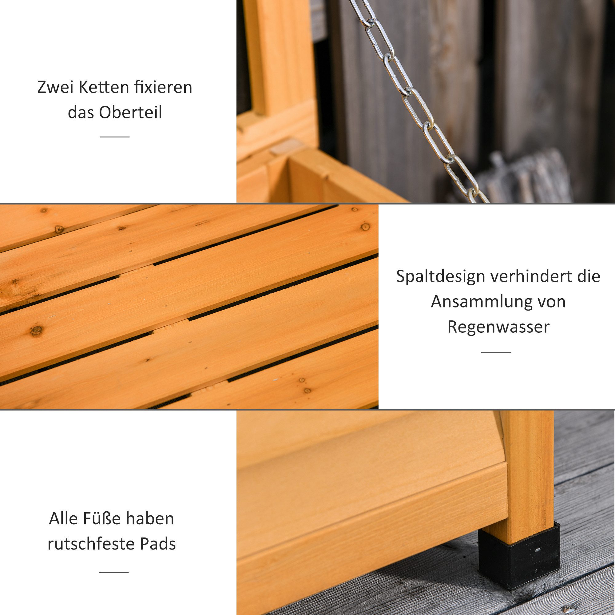 Outsunny Geräteschrank Aufbewahrungsbox, Gartentruhe, wetterbeständig, Massivholz (Kissenbox, 1-St., Gartenbox) für Garten, Balkon, Gelb – Bild 4 von 5