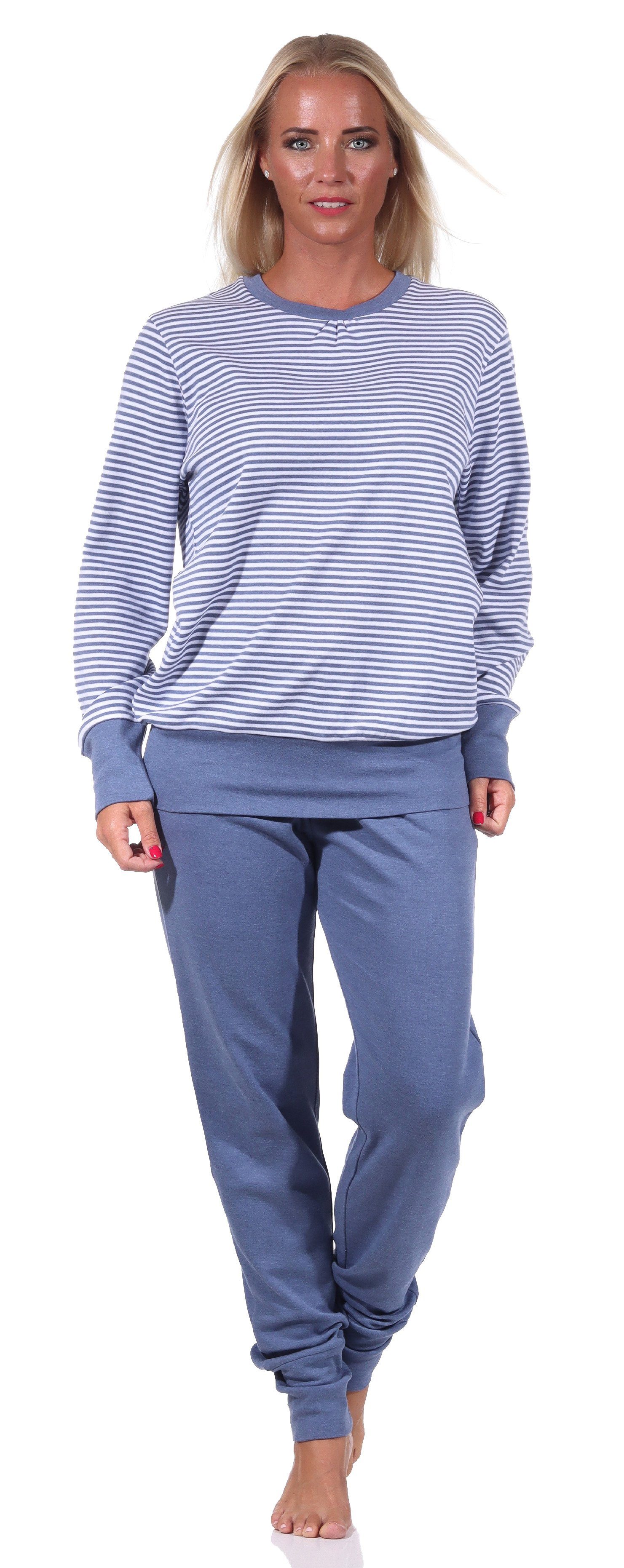 Normann Pyjama Kuscheliger Damen Pyjama langarm Schlafanzug mit Bündchen blau