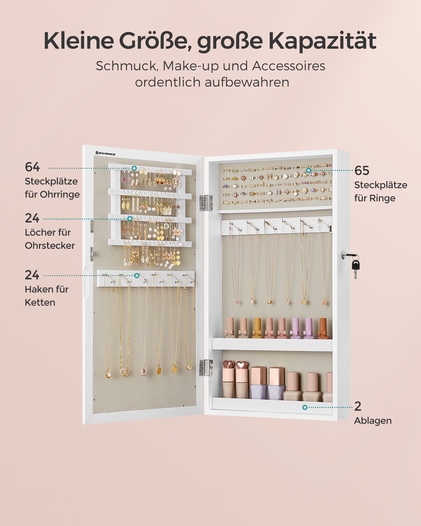 SONGMICS Schmuckschrank Spiegelschrank abschließbarer Wandschrank, platzsparender Schmuckorganizer – Bild 4 von 5