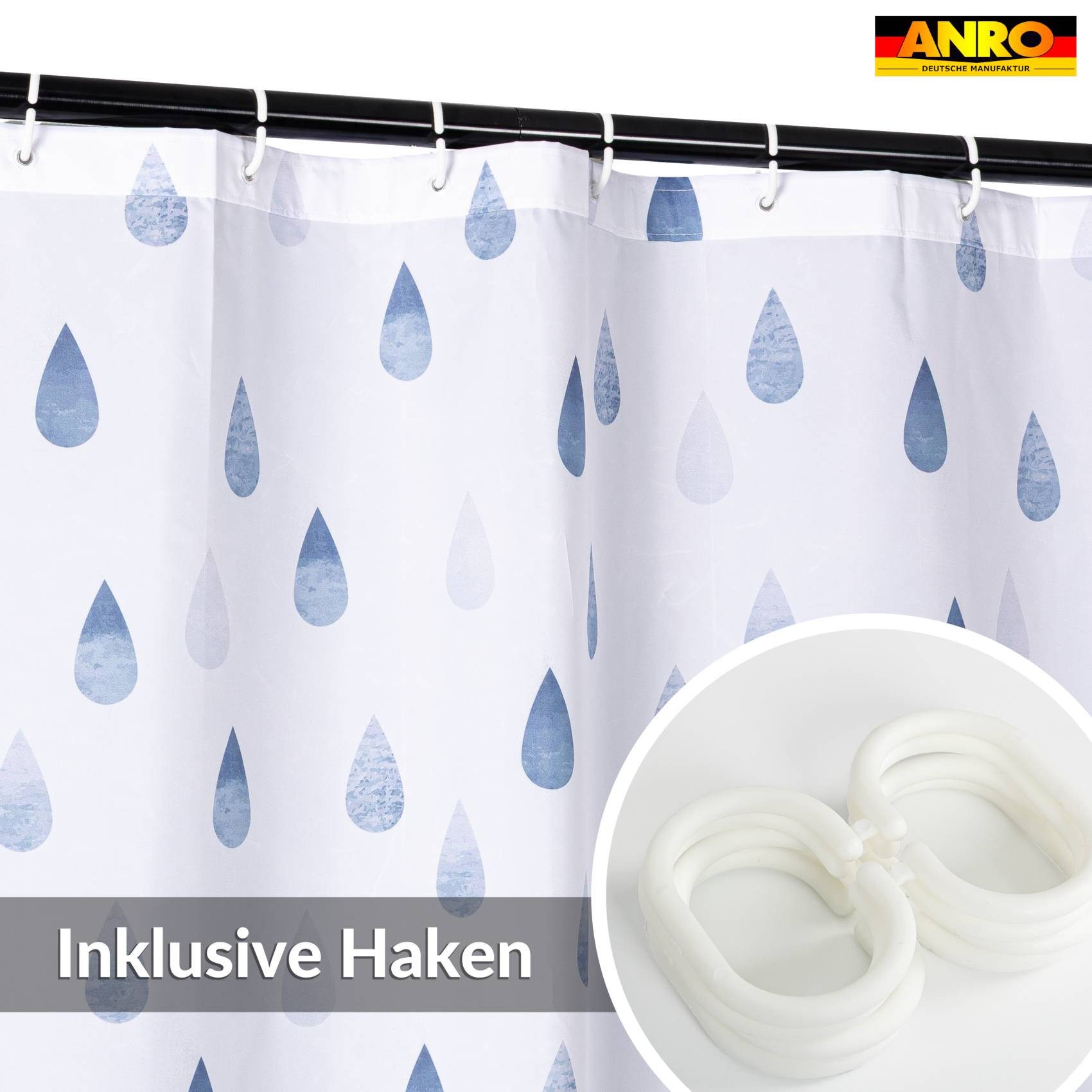 ANRO Duschvorhang FASTY Tropfen Anti-Schimmel Polyester Badezimmervorhang Bad-Stoff Breite 120 cm (Packung, 1-tlg., Duschvorhang inkl. Aufhängeringe), robuster Vorhang Stangenaufhängung 120x200cm Skandi Bad Blau