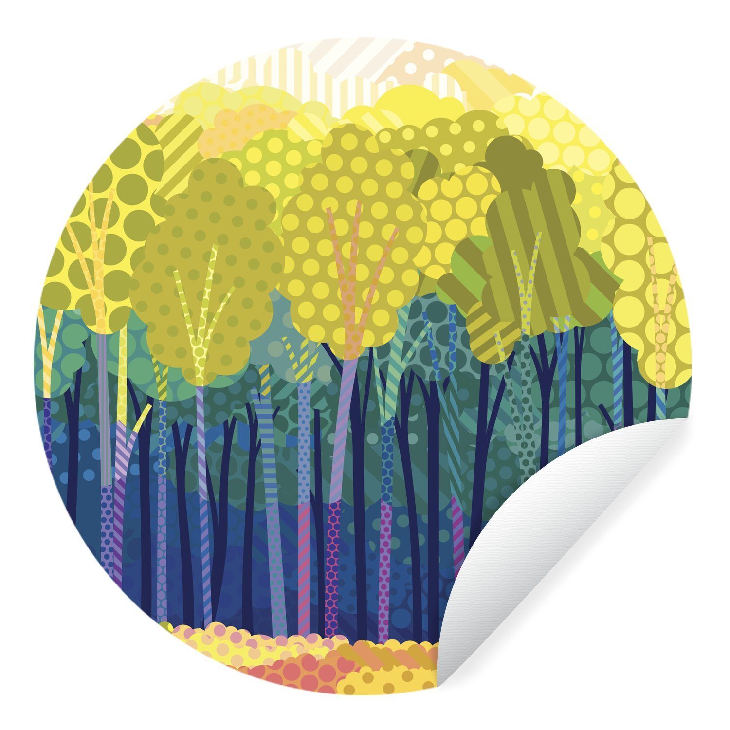 MuchoWow Wandsticker Eine Illustration von grünen Bäumen in einem Wald (1 St), Tapetenkreis für Kinderzimmer, Tapetenaufkleber, Rund, Wohnzimmer