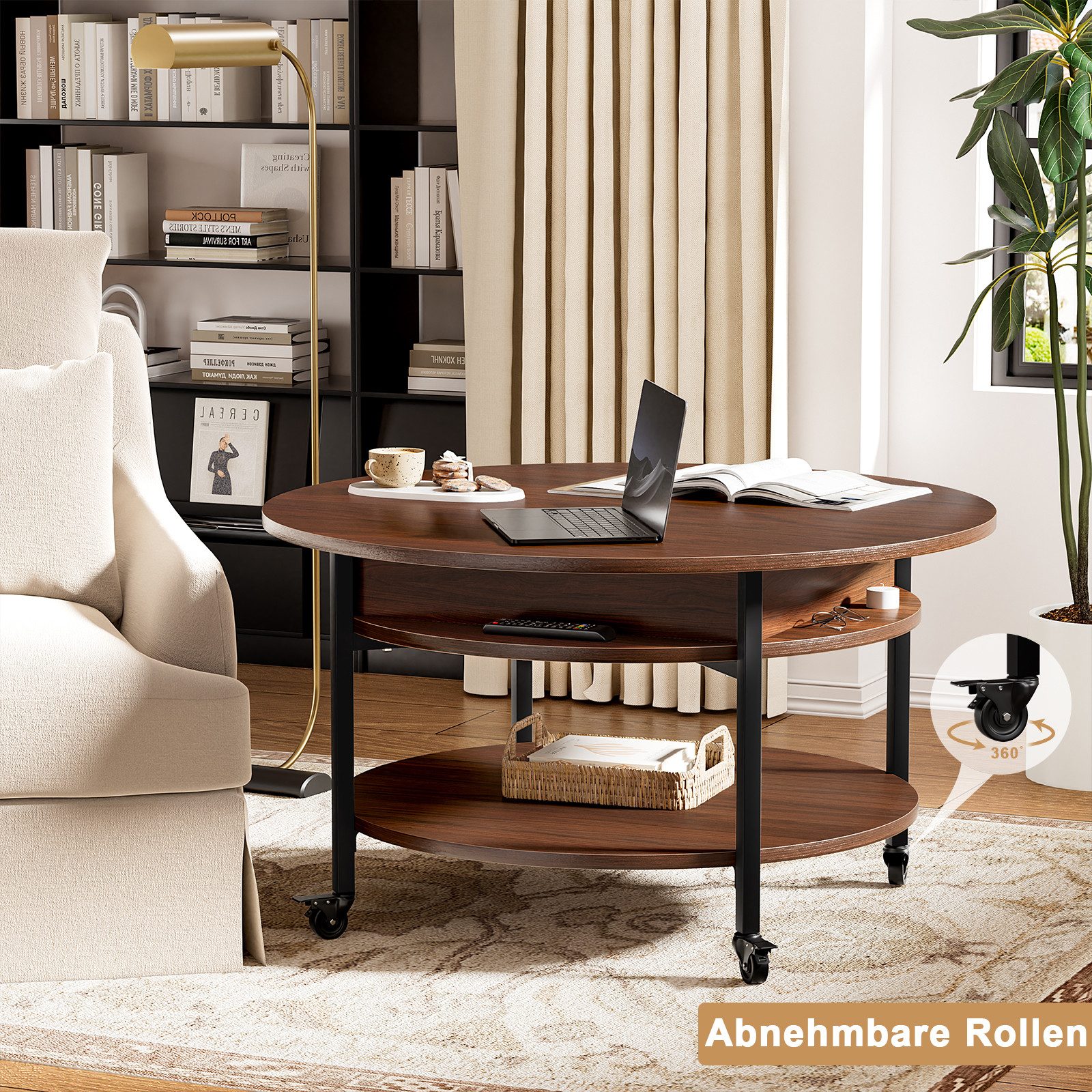 FABATO Couchtisch Runder Couchtisch mit Höhenverstellung, Rädern und Staufach (1-St), ideal für Wohnzimmer, in Braun