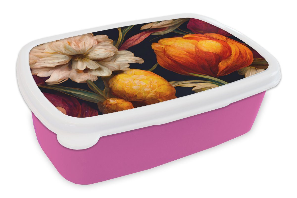 MuchoWow Lunchbox Blumen - Pflanzen - Weiß, Kunststoff, (2-tlg), Brotbox für Erwachsene, Brotdose Kinder, Snackbox, Mädchen, Kunststoff rosa