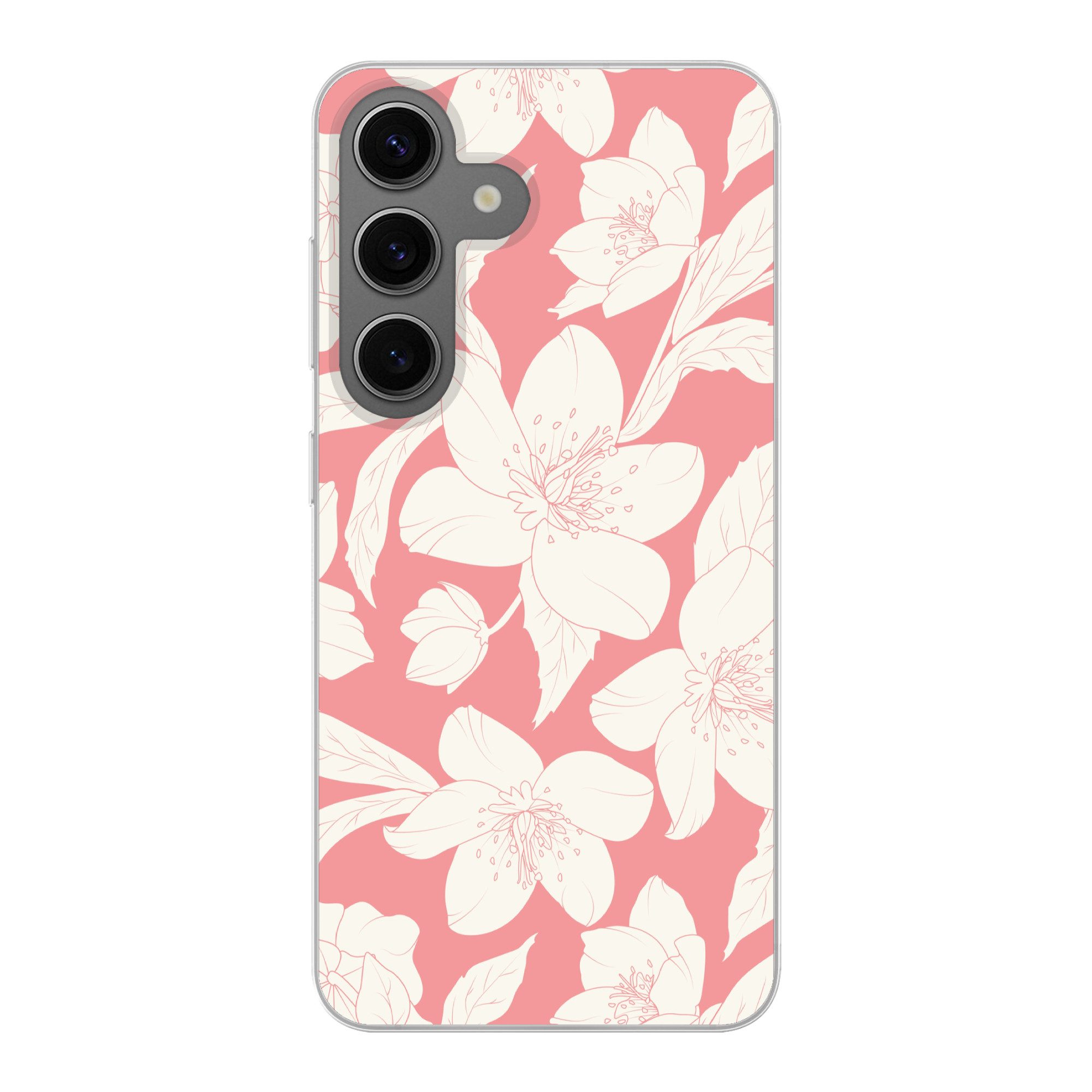 MuchoWow Handyhülle für Samsung Galaxy S24 Blumen - Muster - Rosa - Weiß, Phone Case, Silikon, Schutzhülle Dünn