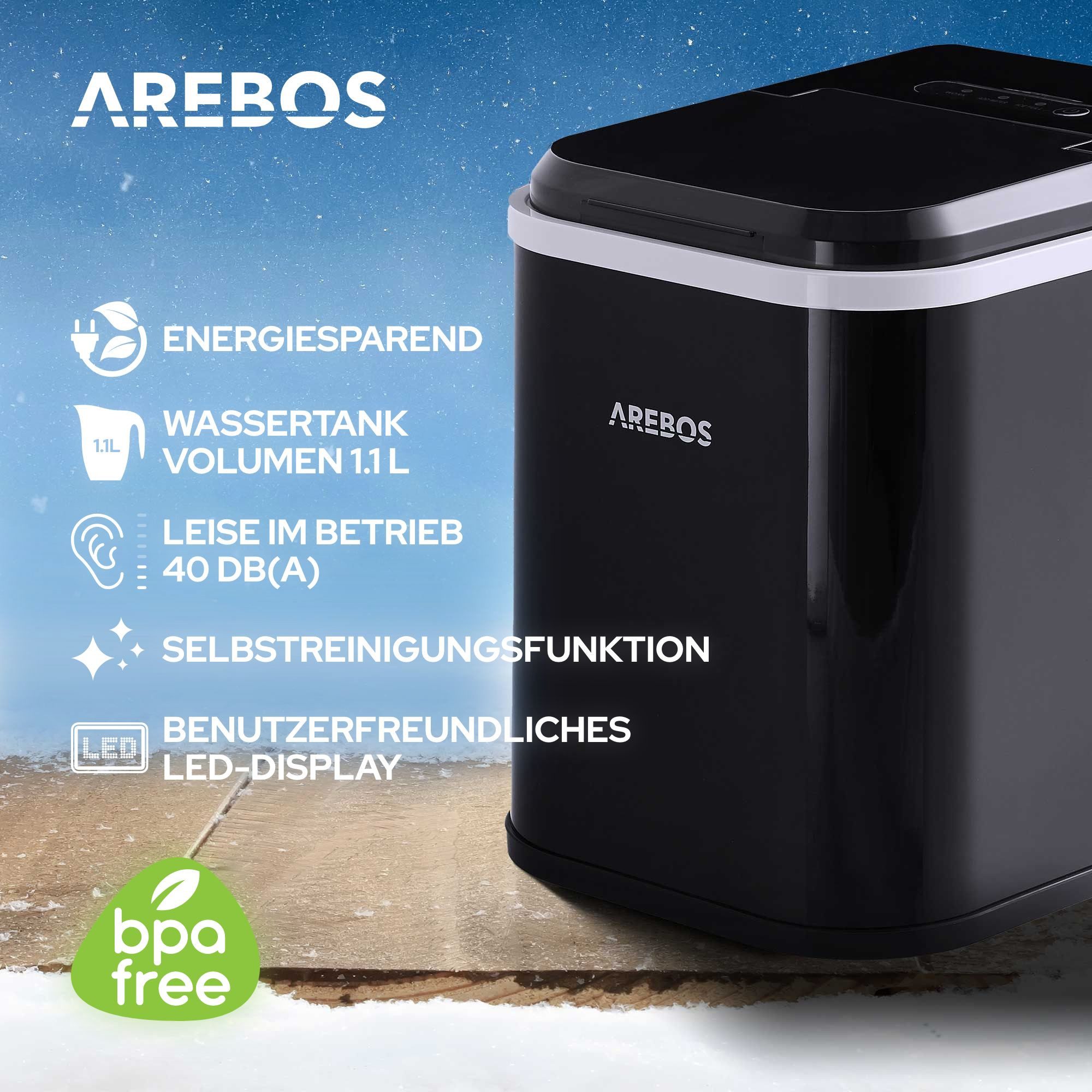 Arebos Eiswürfelmaschine 1,1L Icemaker Eiswürfelbereiter Eismaschine 12 kg