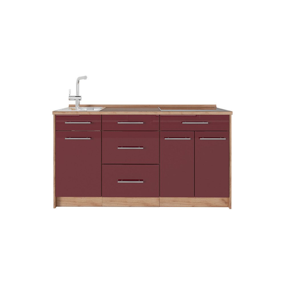 Vicco Küchenzeile Fame-Line, Bordeaux Hochglanz, 150 cm, AP Eiche