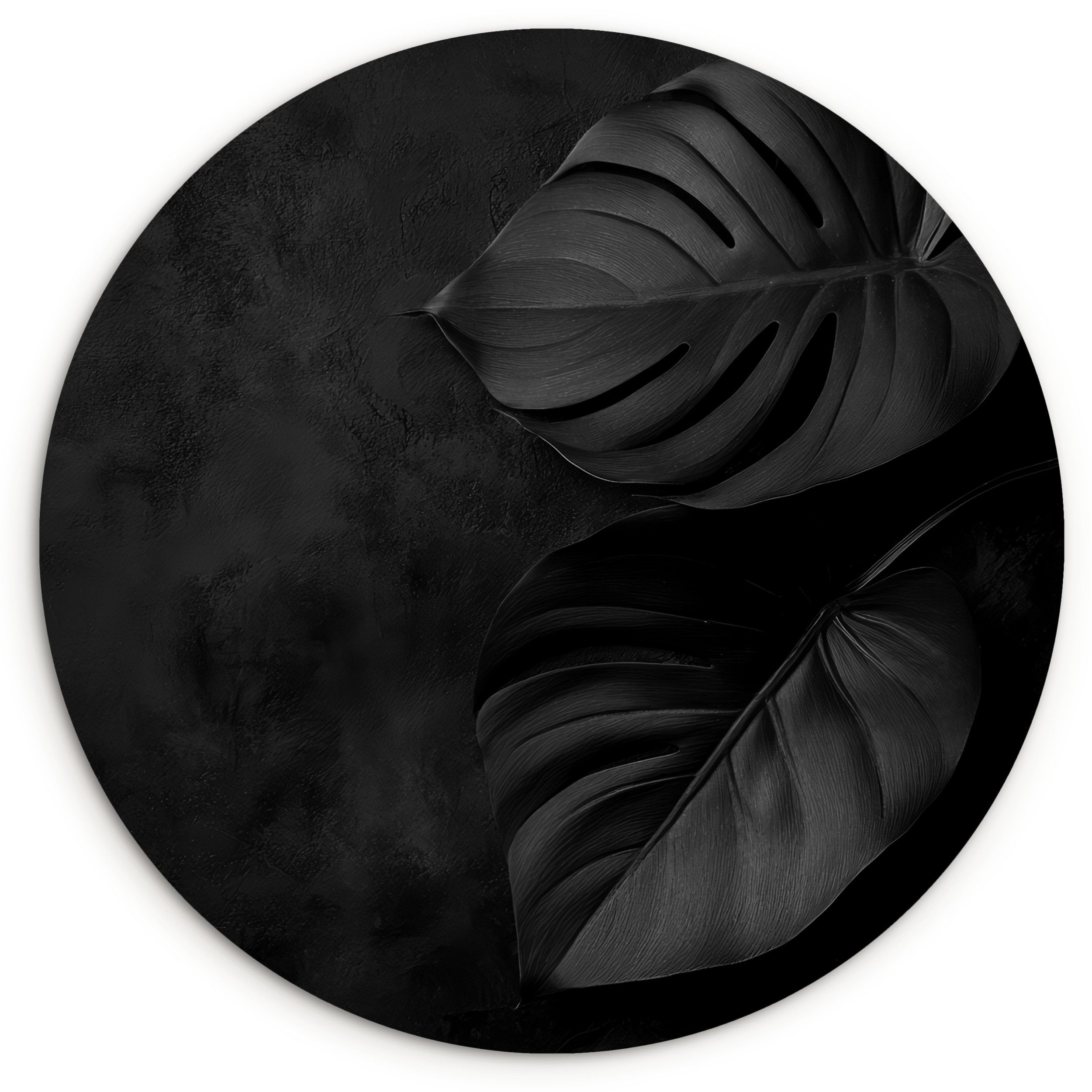 MuchoWow Gemälde Schwarz - Blatt - Monstera, Fotodruck (1 St), Kreis Wanddekoration, Rundes Wandbild, 30x30 cm