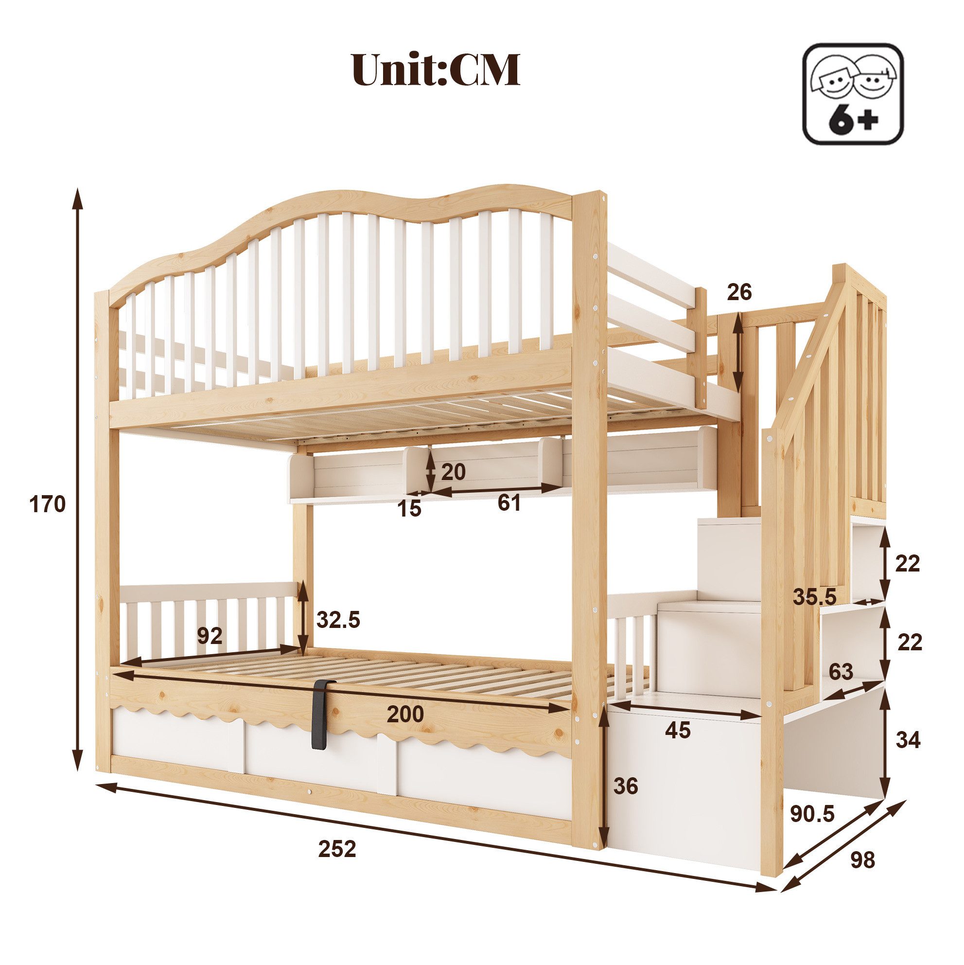 REDOM Etagenbett Design-Kinderbett – Wellenkante, Treppe & Rausfallschutz (Packung, Weiß+Eiche, 252×98×170 cm, ohne Matratze, für moderne Räume), Hydraulik-Stauraum, Sicherheit, stabil