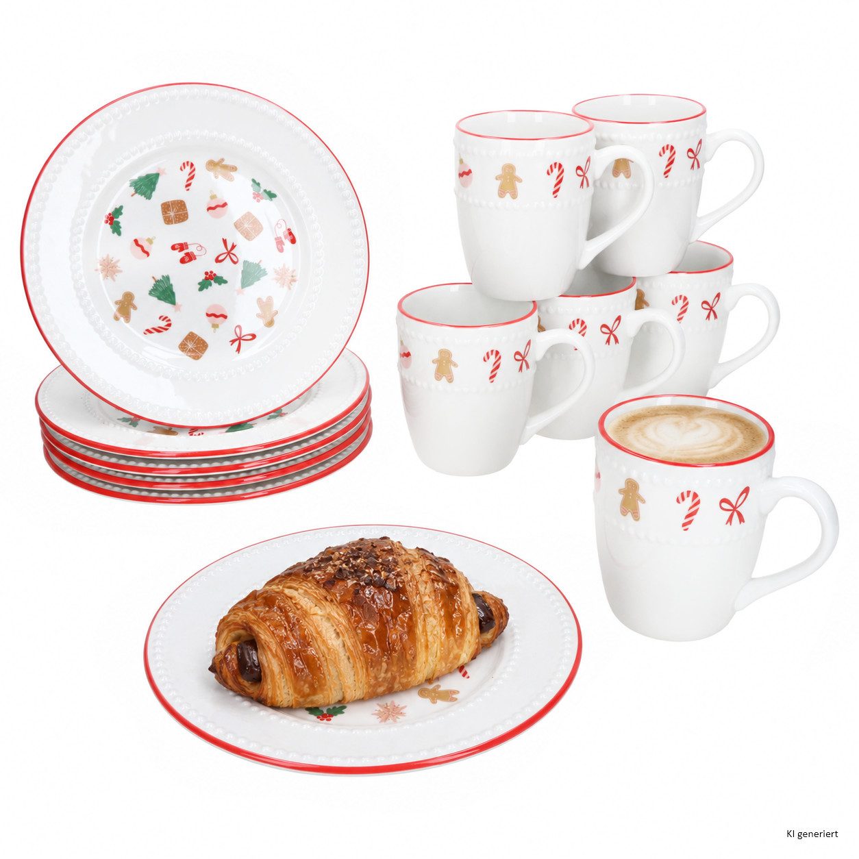 MamboCat Frühstücks-Geschirrset 12tlg Hilda Frühstücksset Kaffeebecher 340ml Teller Ø20cm Weihnachten, Steingut, Weihnachtsgeschirr, Advent, Frühstücksset, Lebkuchen, Zuckerstange