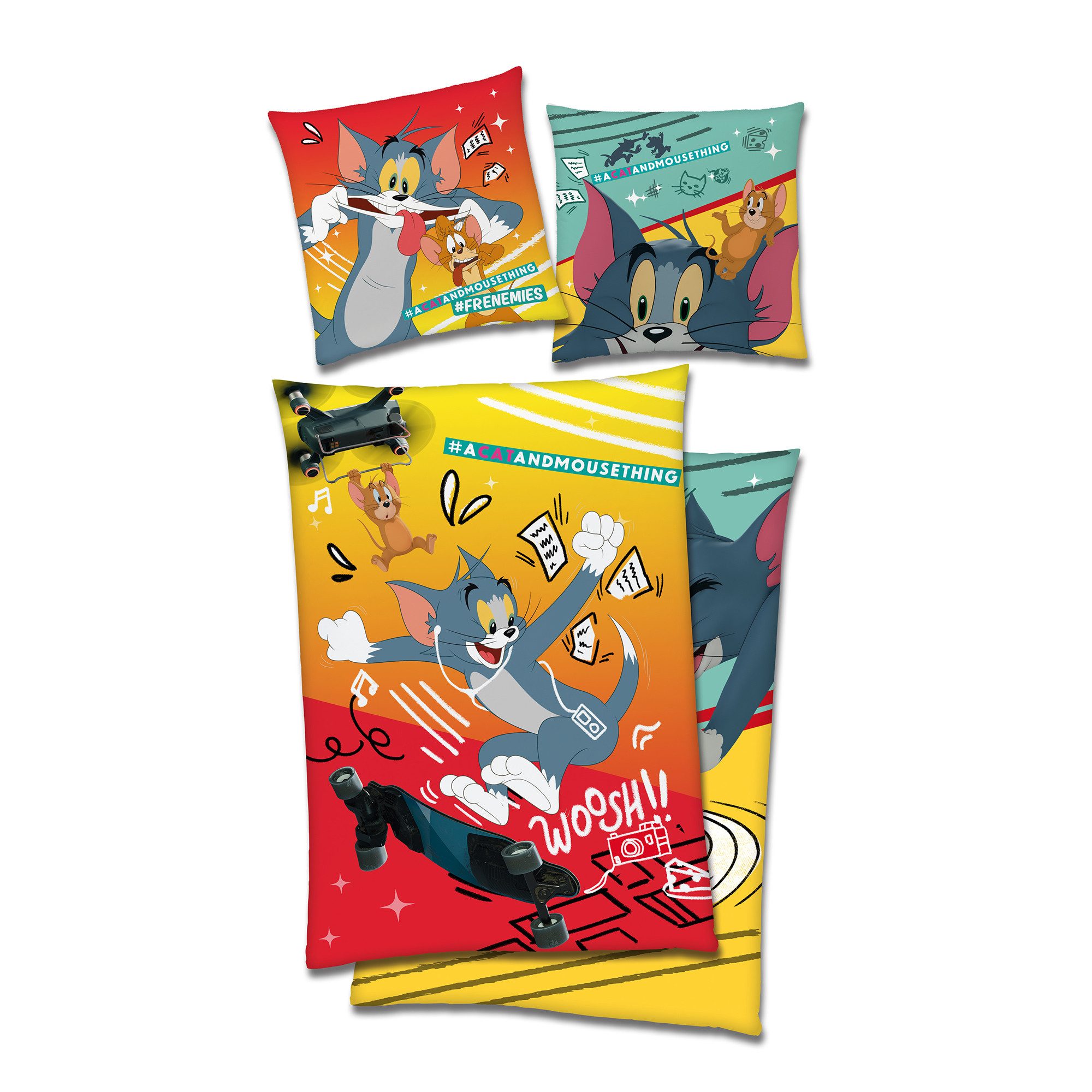 BERONAGE Kinderbettwäsche Tom & Jerry Cartoon Bettwäsche Linon / Renforcé, 100% Baumwolle, 2 teilig, 135x200 + 80x80 cm