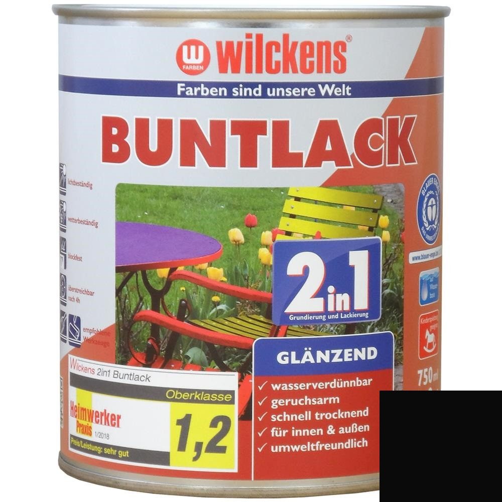 Wilckens Farben Kunstharzlack Buntlack 2in1 Lack, Tiefschwarz RAL 9005, glänzend, 750 ml