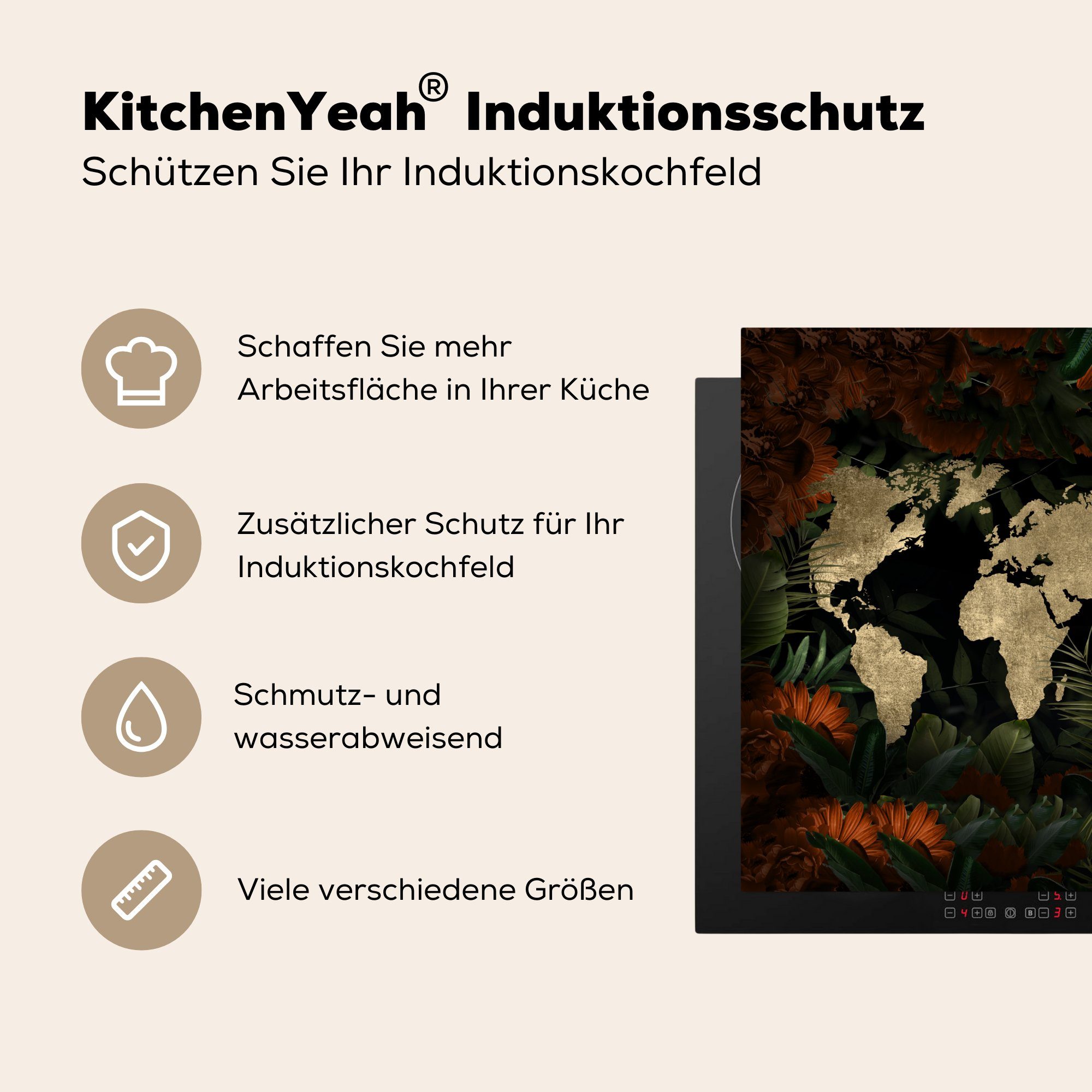 MuchoWow Herdblende-/Abdeckplatte Weltkarte - Retro Arbeitsplatte Vinyl, Blumen, küche tlg), Ceranfeldabdeckung, für cm, 78x78 - (1