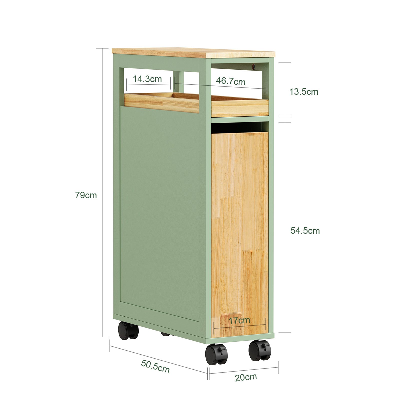 SoBuy Servierwagen NSR14, Nischenschrank mit 2 Auszügen, Rollwagen Schmal 20 cm breit, (1er Set), Grün Rollcontainer mit abnehmbarem Tablett für Küche und Badezimmer