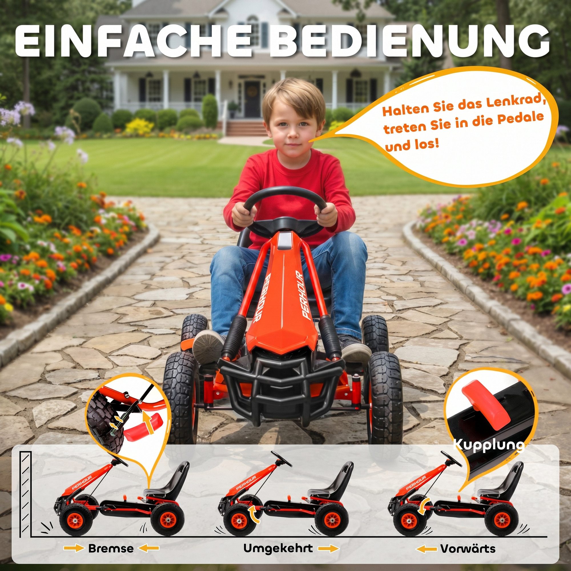 AIYAPLAY Go-Kart Tretauto mit Handbremse, verstellbarem Sitz, Pedalantrieb, für Kinder 3-8 Jahren, Rot – Bild 4 von 5