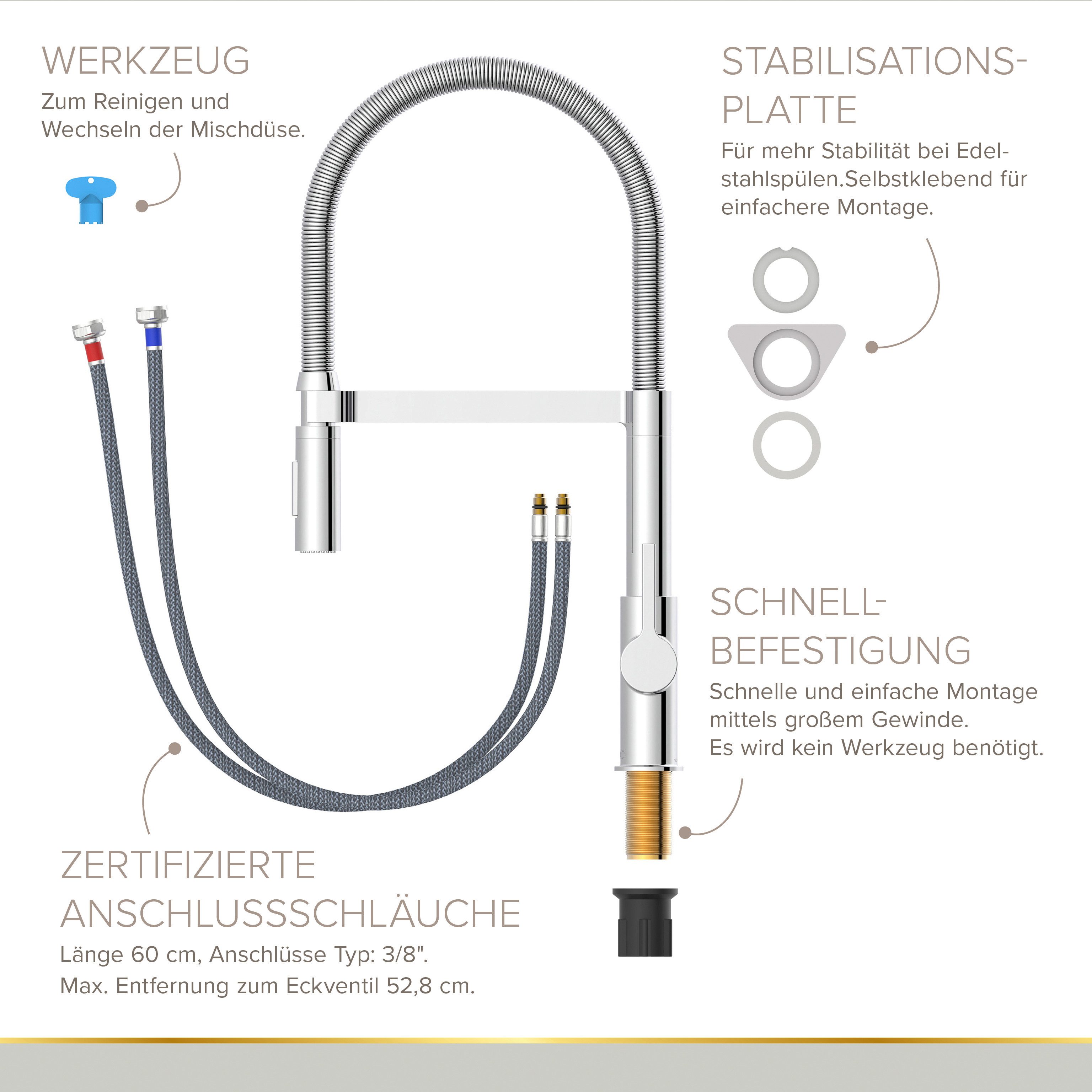 Lenz Küchenarmatur ALUNA mit Pendelbrause 2 Strahlarten Chrom schwenkbar, flexible Brause Flexible Pendelbrause mit 2 Strahlarten