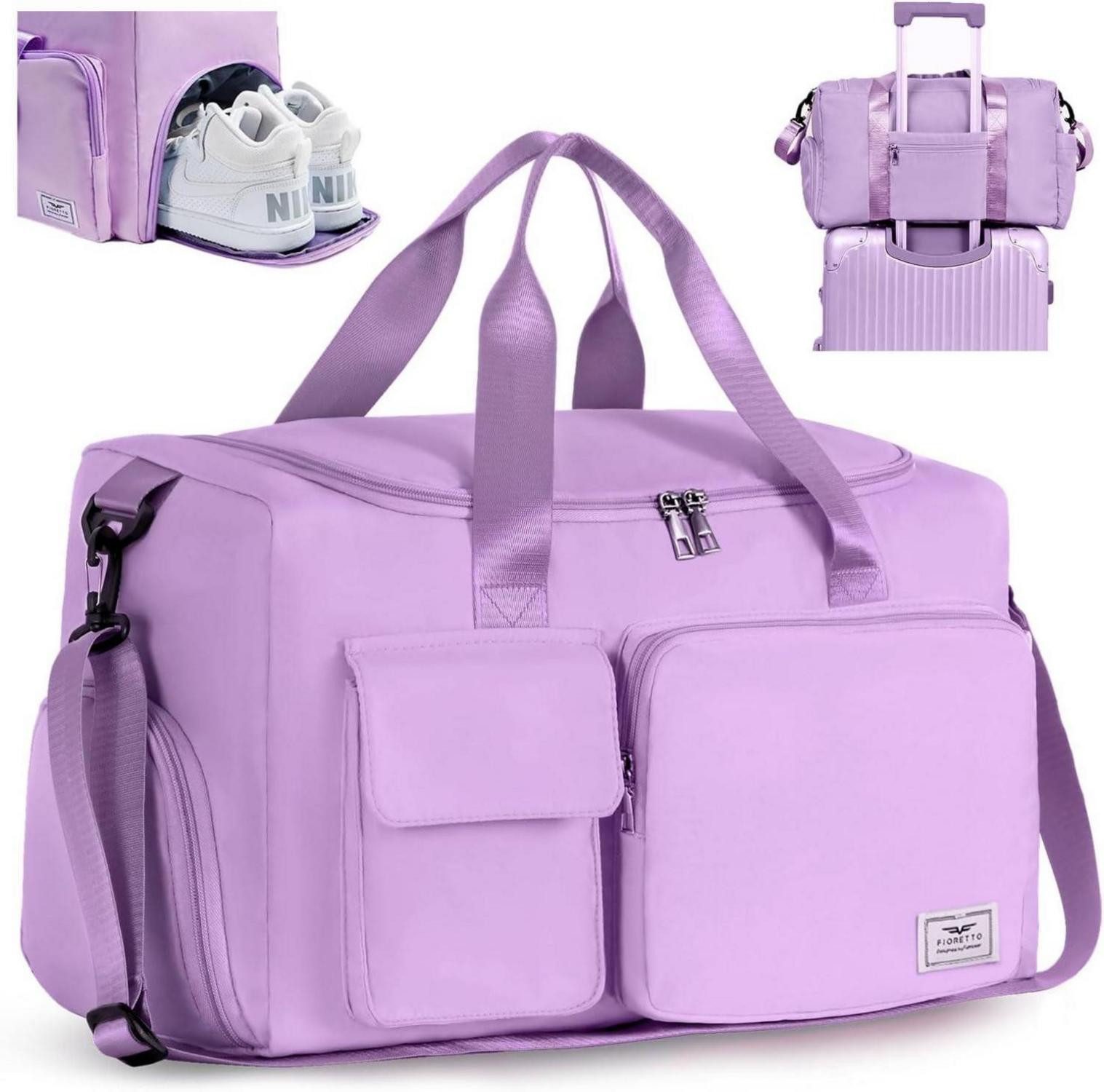 Weekender 35L Damen Sporttasche Faltbare Reisetasche Schuhfach Nassfach lila