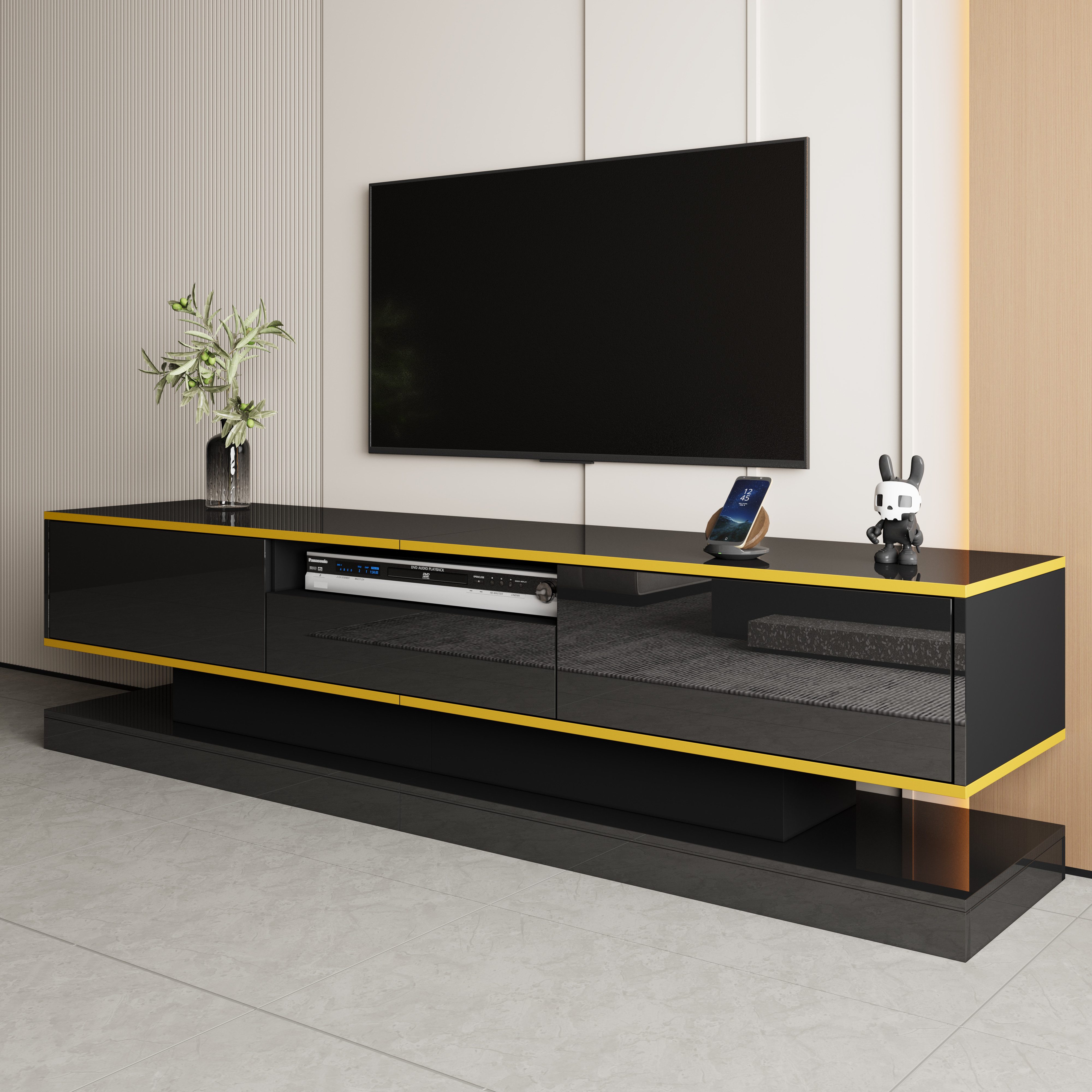 Merax Lowboard hochglanz TV-Schrank mit LED-Beleuchtung (180*38*45cm, 1 St), TV-Kommode Fernsehtisch mit 3 Schubladen & goldenen Akzenten, B: 180cm