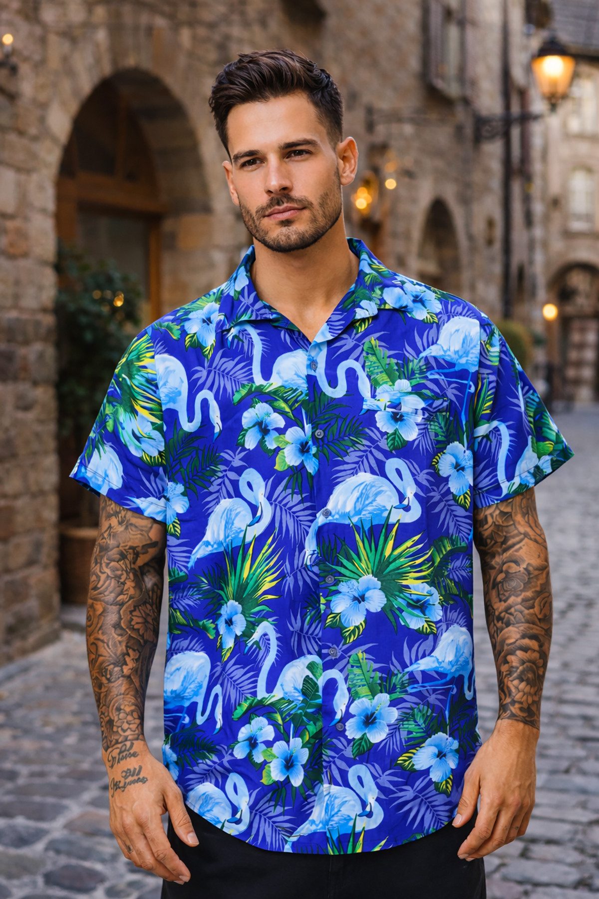 King Kameha Hawaiihemd "Flamingo Flowers" Funky Hawaii-Hemd Herren Kurzarm Front-Tasche