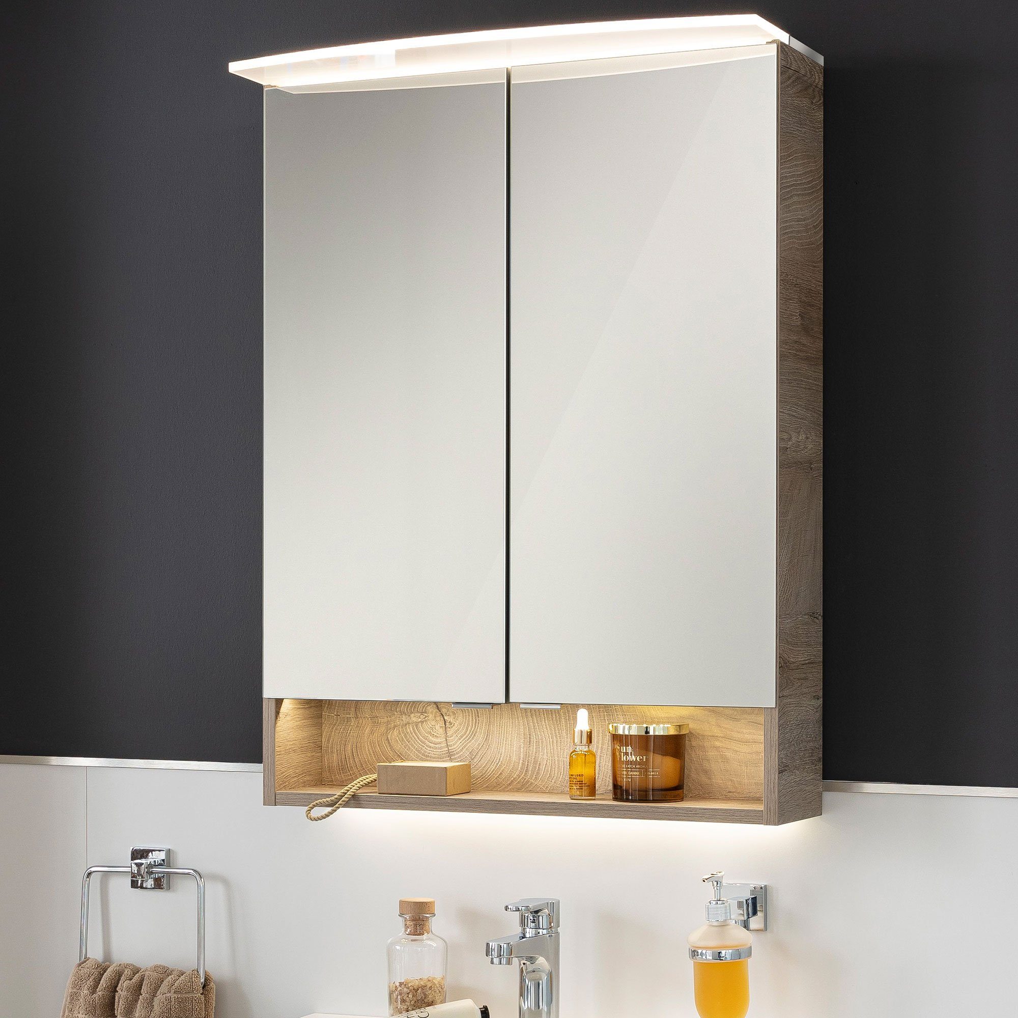 B.Style FACKELMANN cm 60 Nature Korpusfarbe: Oak LED Spiegelschrank Badezimmerspiegelschrank