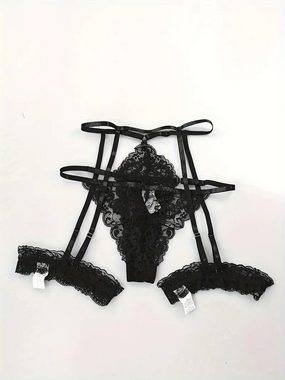 Elegant Love Set: Triangel-BH Florale Spitze Dessous-Set: Plunge-BH, Strumpfgürtel & Tanga (Set, 2-tlg., mit G-String und Strumpfhalter) Erotische Unterwäsche für Damen, sexy Lingerie, sinnliche Reizwäsche