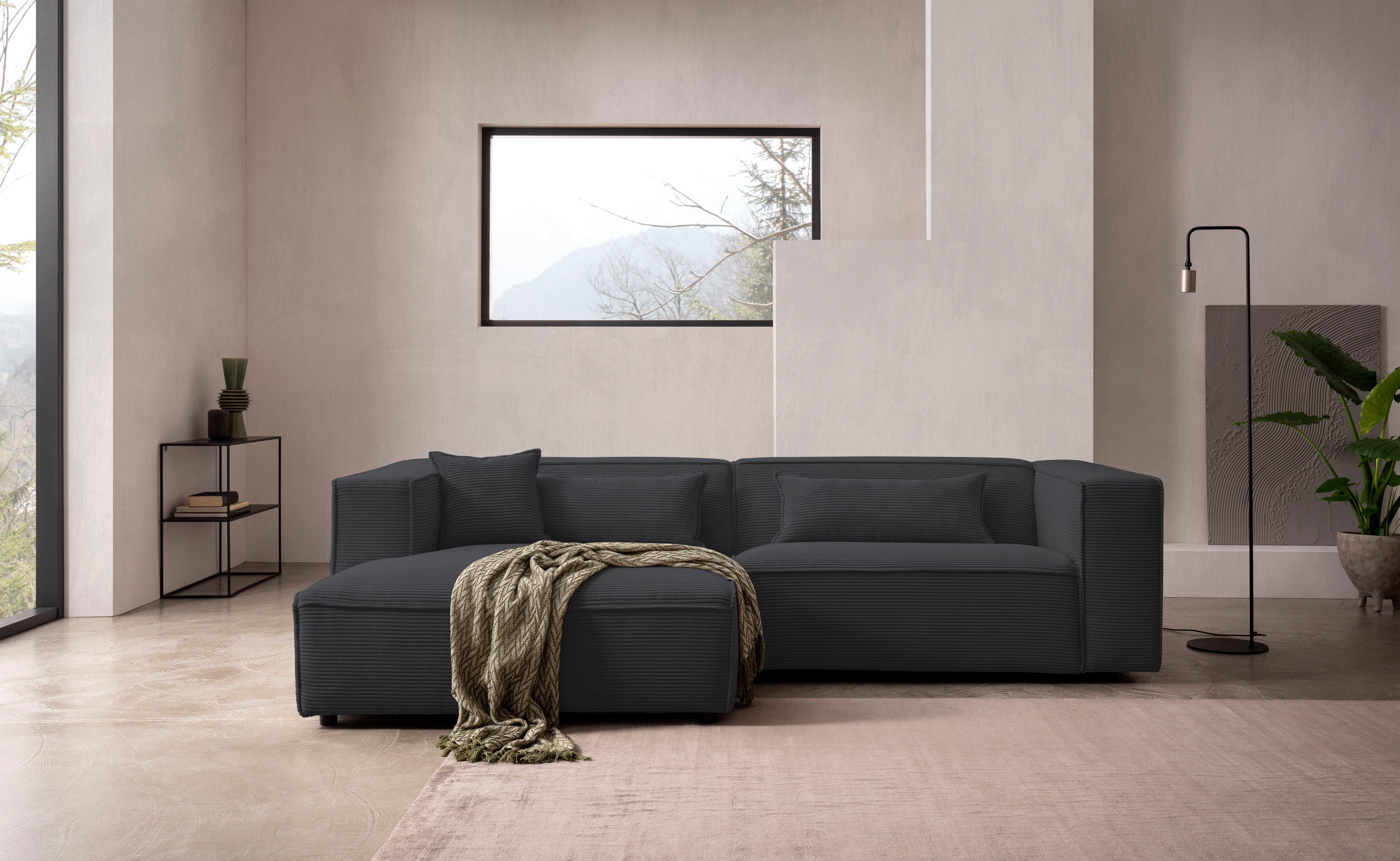 LeGer Home by Lena Gercke Ecksofa PIARA mit Kedernaht, Cord, Leinenoptik o. Strukturstoff, Couch, L-Form, wahlweise Ottomane rechts/links, schwarze Füße, bequemer Sitzkomfort