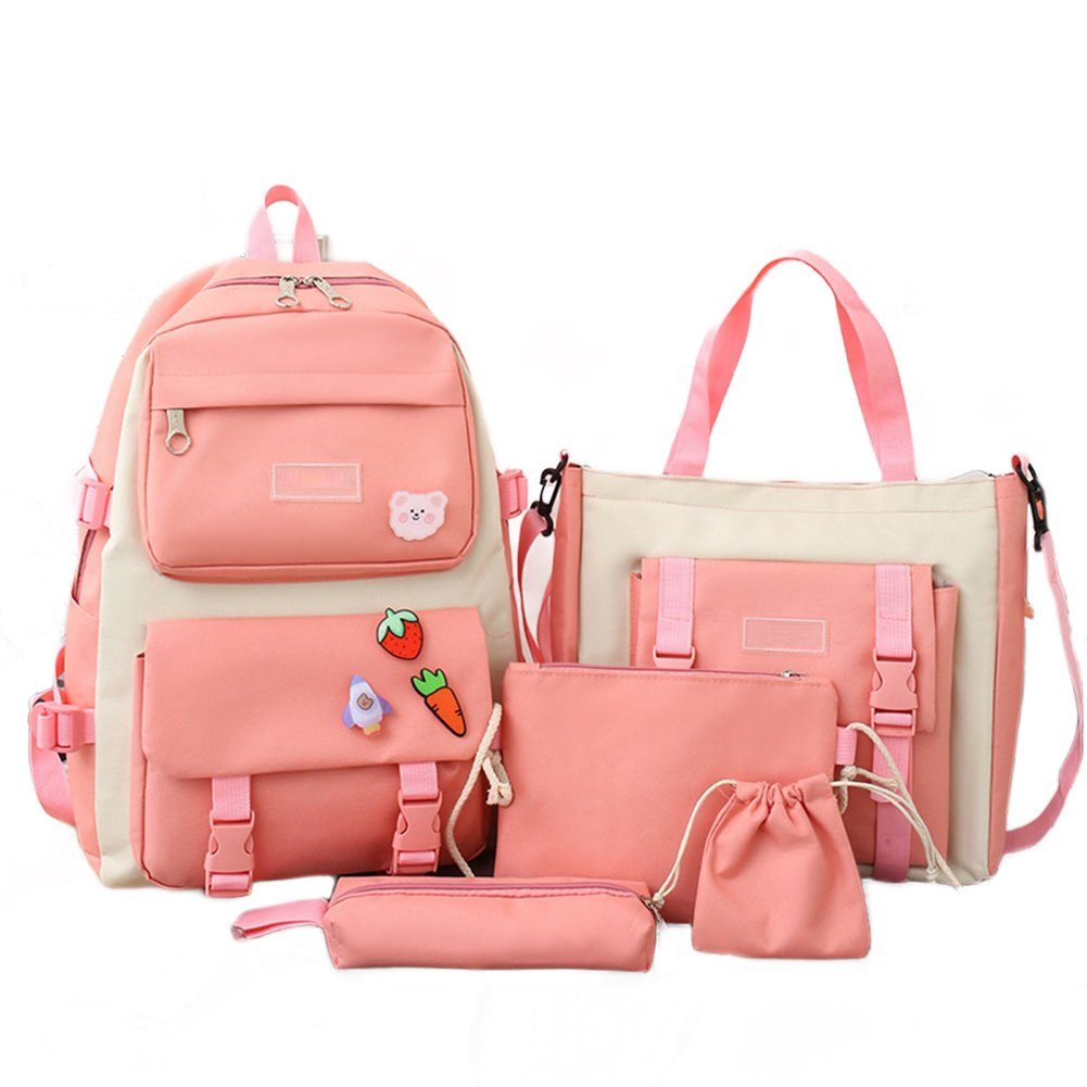 Blusmart Rucksack 5-teiliges Schulranzen-Rucksack-Kombi-Set, Verstellbarer Backpack pink