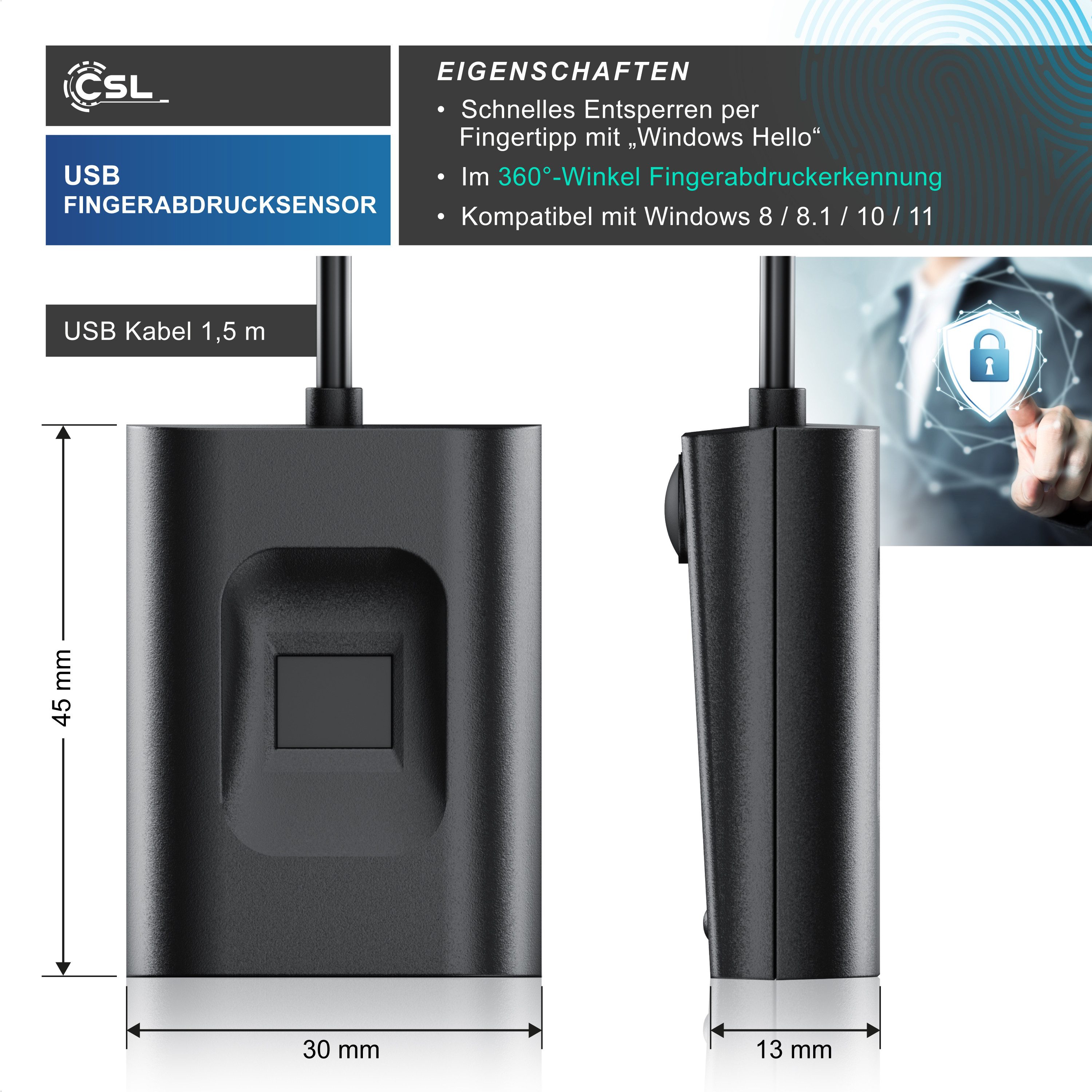 CSL Fingerabdrucksensor USB Fingerabdruckleser kabelgebunden, bis zu 10 IDs, Finger Scanner, plug & play, Rundumerkennung, Windows 8 / 10 / 11 kompatibel