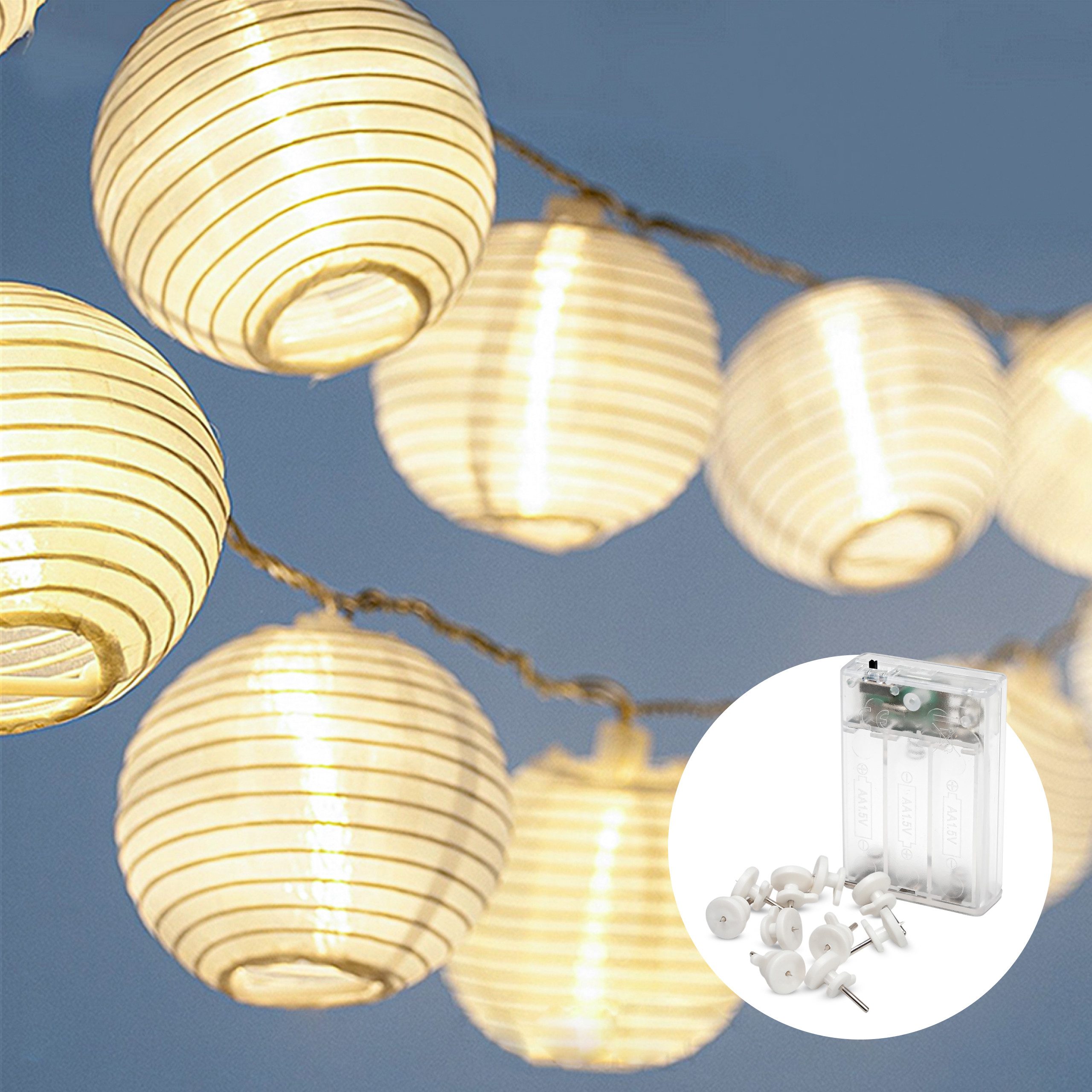 COZY HOME LED-Lichterkette Lampion Lichterkette - Batterie, Stecker und Solar, 20 Lampion LEDs I Timer-Funktion I 7 Meter mit 8 Mod I Wetterfest