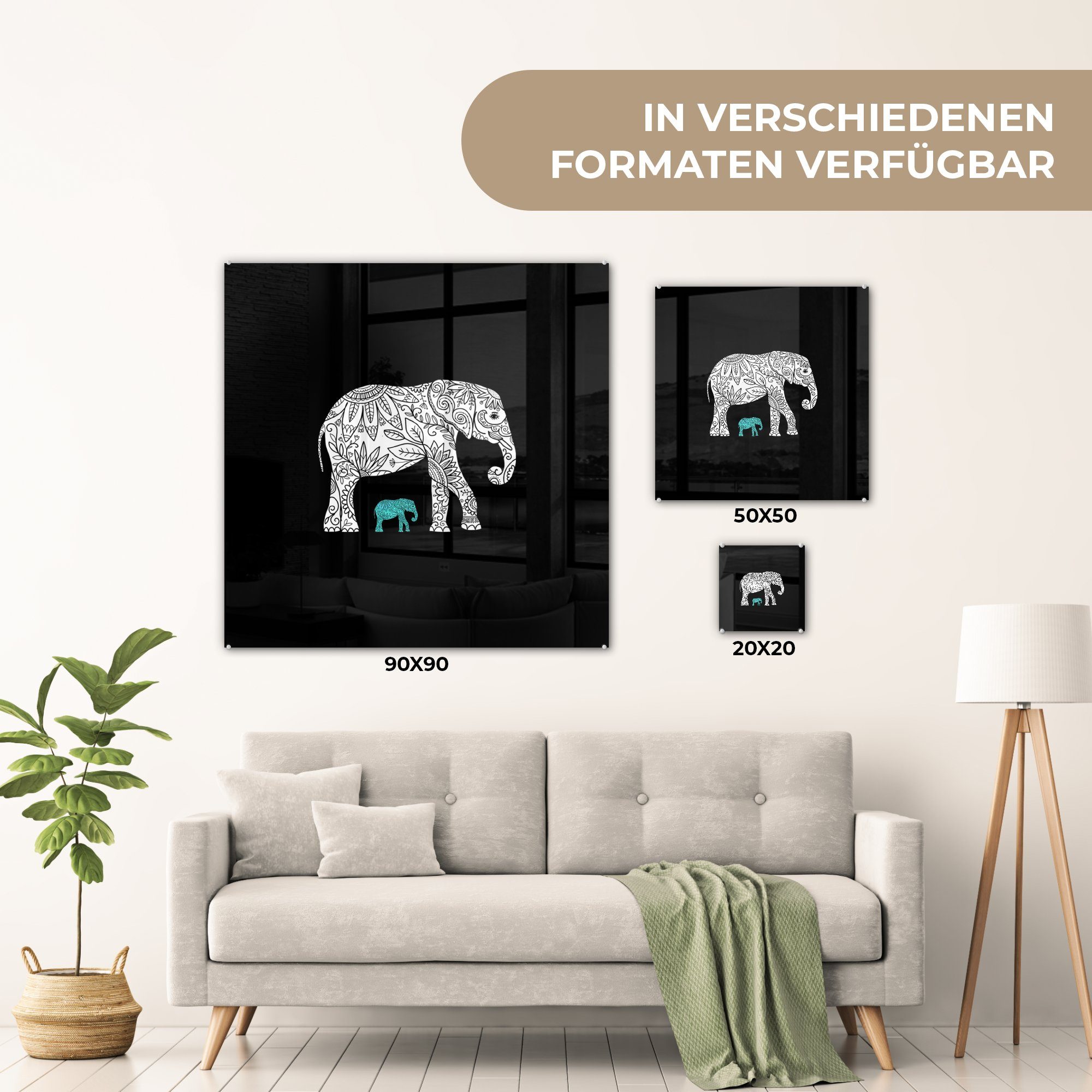 Wandbild - Muster - Elefant auf Blau St), Bilder - Foto Weiß, - - auf Glas - (1 Wanddekoration Acrylglasbild Glasbilder MuchoWow Glas