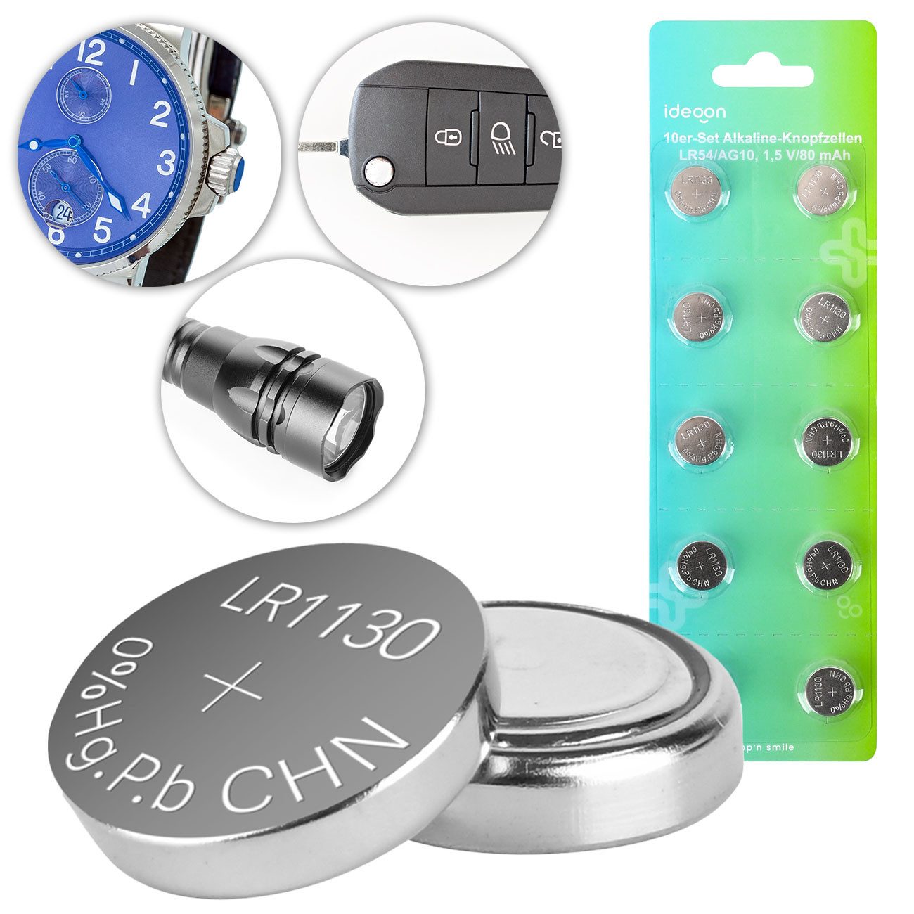 shop'n smile ideoon Alkaline-Batterien LR54 AG10 für Taschenrechner Knopfzelle, (10 St), Frei von Cadmium und Quecksilber