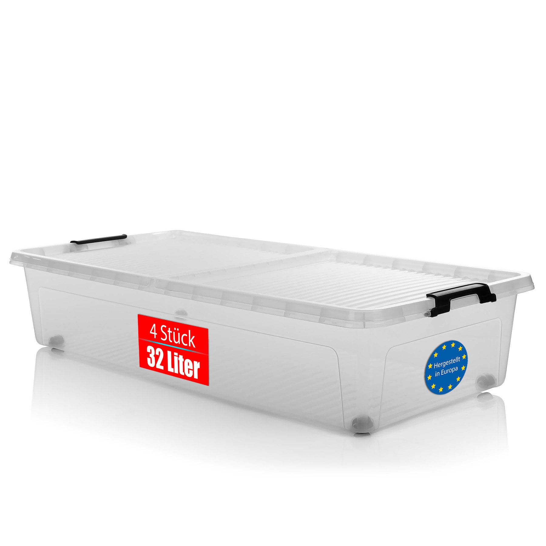 BigDean Unterbettkommode 4 Stück Aufbewahrungsbox 32 L luftdicht & mit Rollen Made in Europe (Set, 4 St., 1 Box + 1 Deckel), Unterbett-Box, Luftdicht, Mit Rollen, 32L Volumen