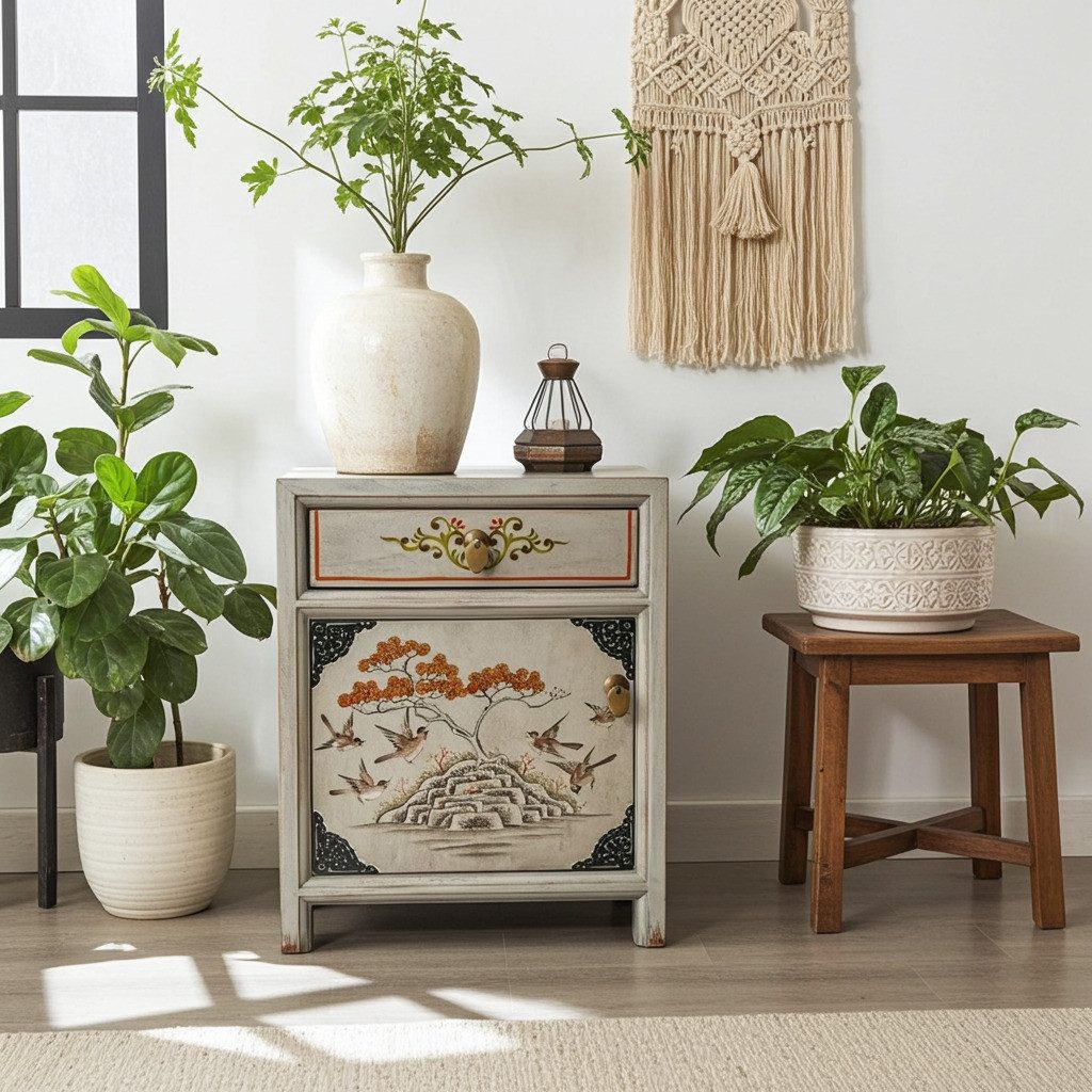 OPIUM OUTLET Nachtkommode Nachtkästchen Nachtschrank Schränkchen Nachtkonsole Kommode (Vintage, Asia Möbel, hellgrau, beige, komplett montiert), asiatisch chinesisch orientalisch fernöstlich