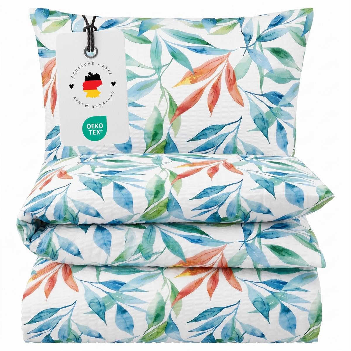 Carpe Sonno Bettwäsche Seersucker 135 x 200 155 x 220 Baumwolle Bügelfrei Sommer Blätter, Seersucker, 2 teilig, OEKO-TEX Bettbezug, Seersuckerbettwäsche mit Reißverschluss 135x200