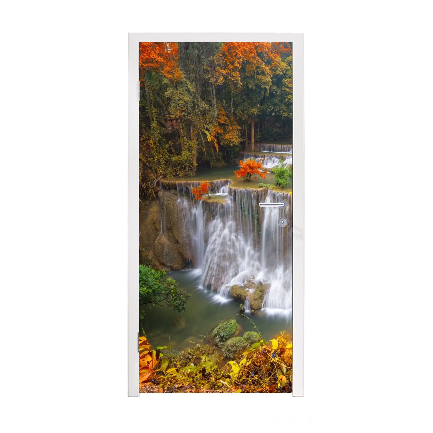 MuchoWow Türtapete Bäume - Wasserfall - Herbst, Matt, bedruckt, (1 St), Fototapete für Tür, Türaufkleber, 75x205 cm