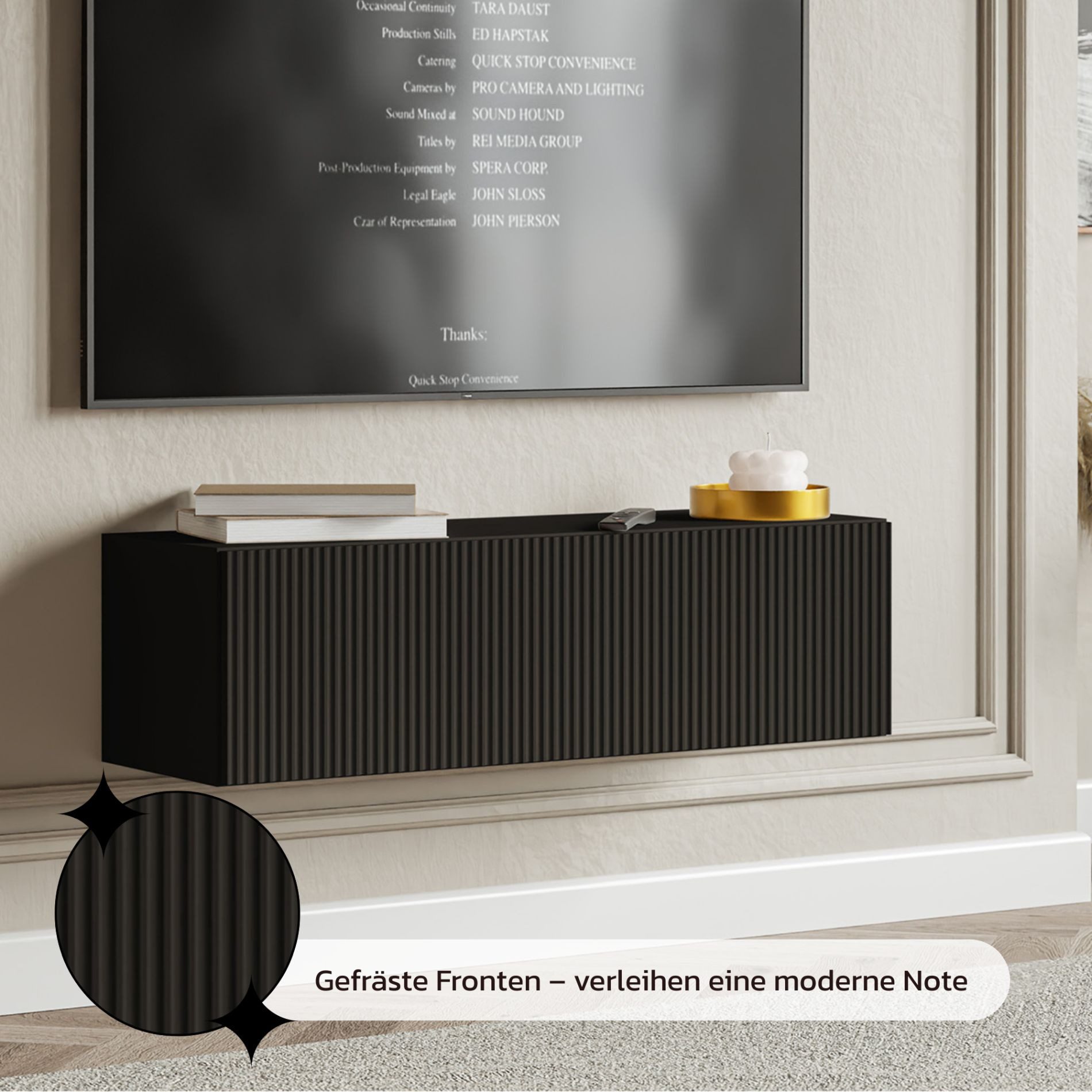 Selsey TV-Schrank Veldio Hängeboard 100 cm, geriffelte Front, Push-to-Open, Schwarz – Bild 4 von 5