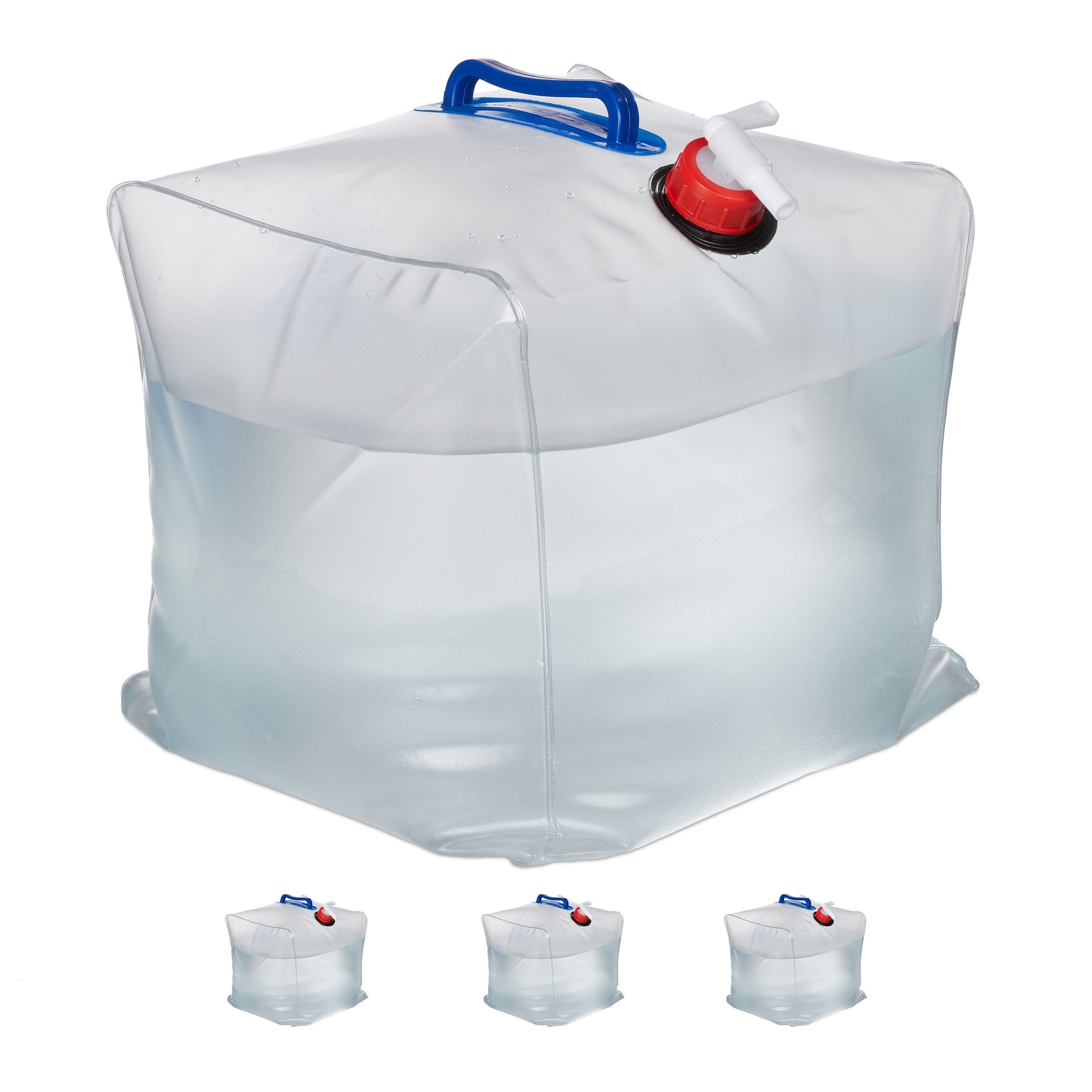 Relaxdays Wasserkanister 4er Set, 5 l, faltbar, Wasserbehälter mit Zapfhahn  & Griff, Camping Kanister, transparent/blau