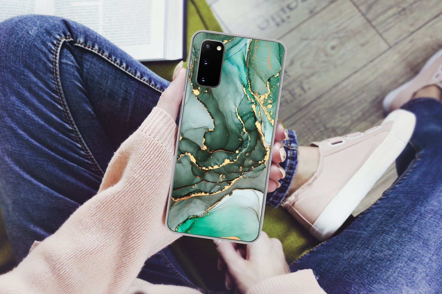 MuchoWow Handyhülle für Samsung Galaxy S20 Gold - Marmor - Grün - Luxus - Marmoroptik - Gr, Phone Case, Silikon, Schutzhülle Dünn