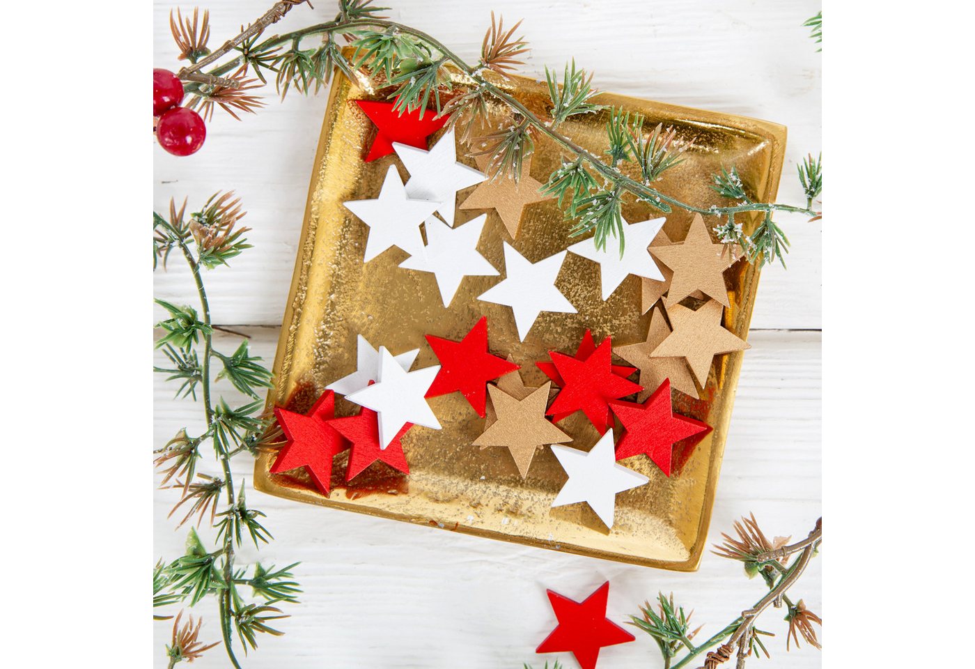 Thumbnail - Logbuch-Verlag Streudeko 24 kleine Holzsterne Weihnachten Gold rot weiß Streudeko 2,5cm