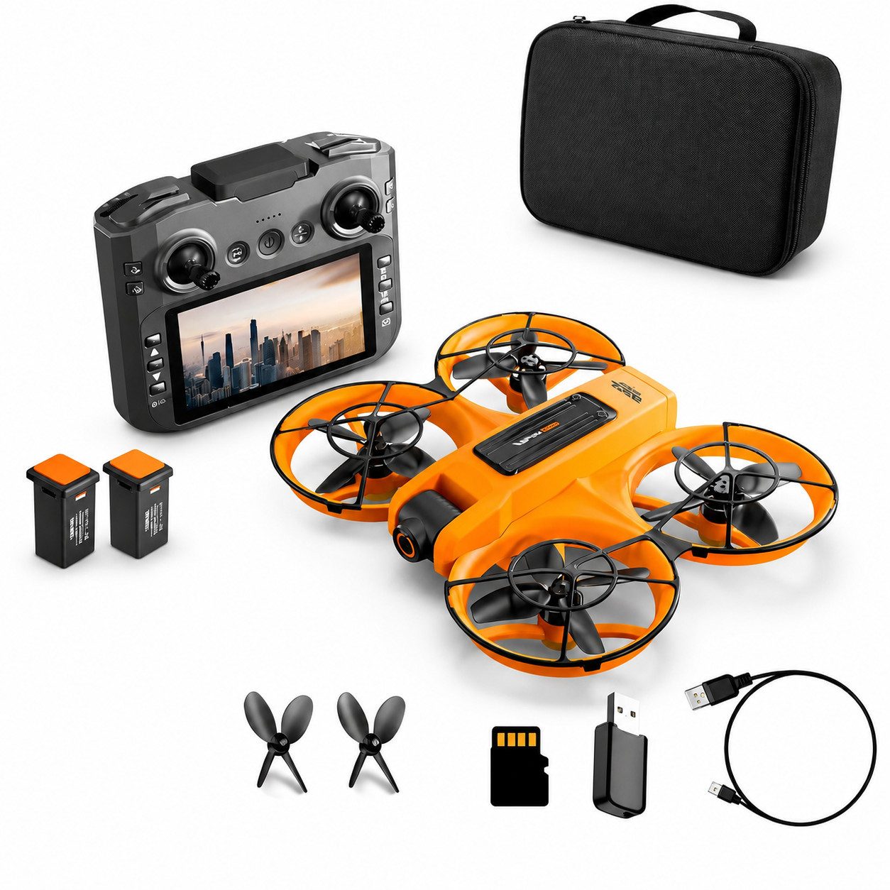 Goldstern-Tech RC-Quadrocopter Drohne (mit 12,5-cm Full-HD Display-Fernsteuerung bis 60min Flugzeit, komplett geschütztem Propellerdesign inkl. 8GB SD-Karte), Dualkamera mit 90° Winkel & 50x Zoom, Optical-Flow, Brushless-Motoren