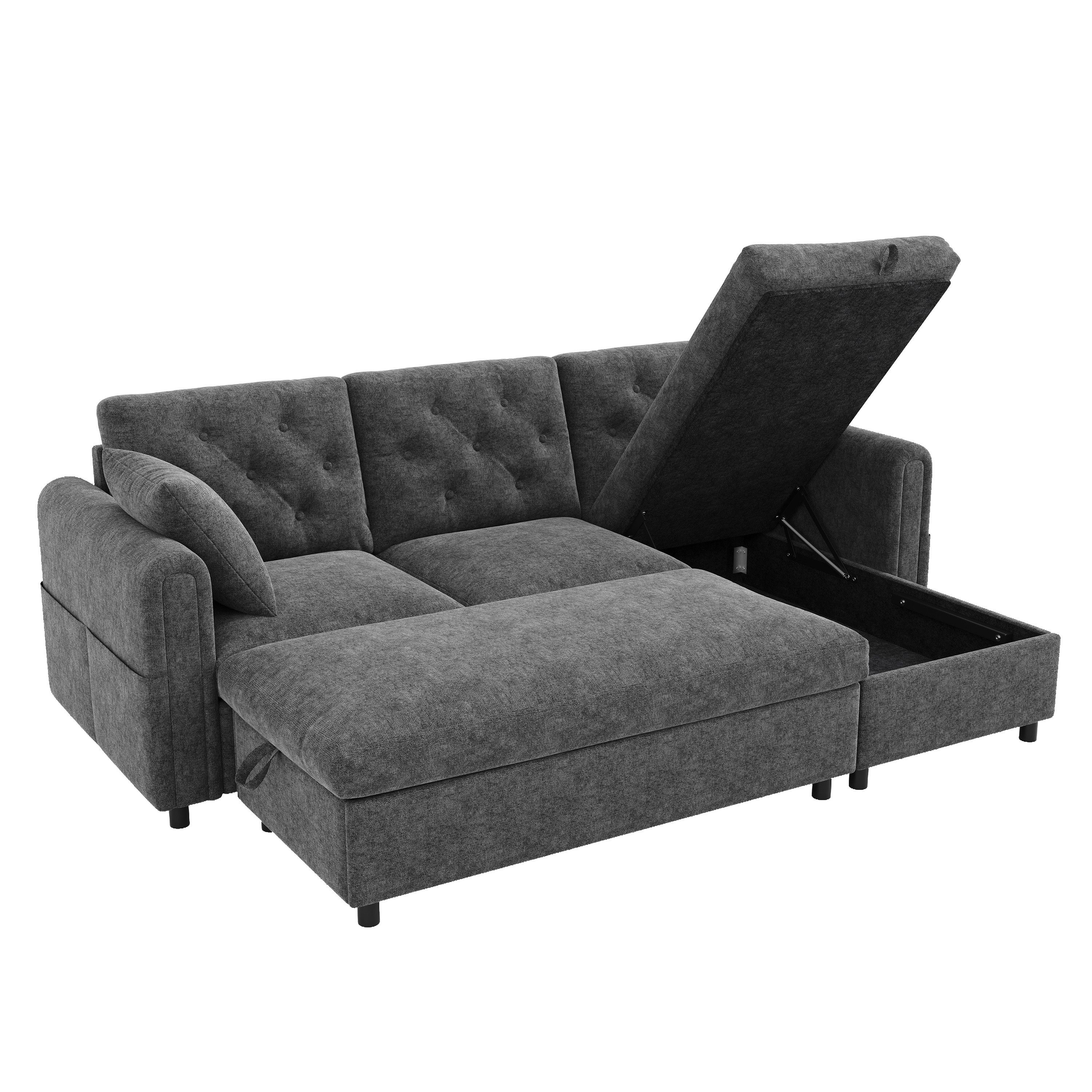 Flieks Ecksofa mit Schlaffunktion & Bettkasten, Chaiselongue links/rechts wechselbar, 219×131×86 cm, L-Form 3-Sitzer Schlafsofa inkl. Hocker mit Stauraum Samt Grau