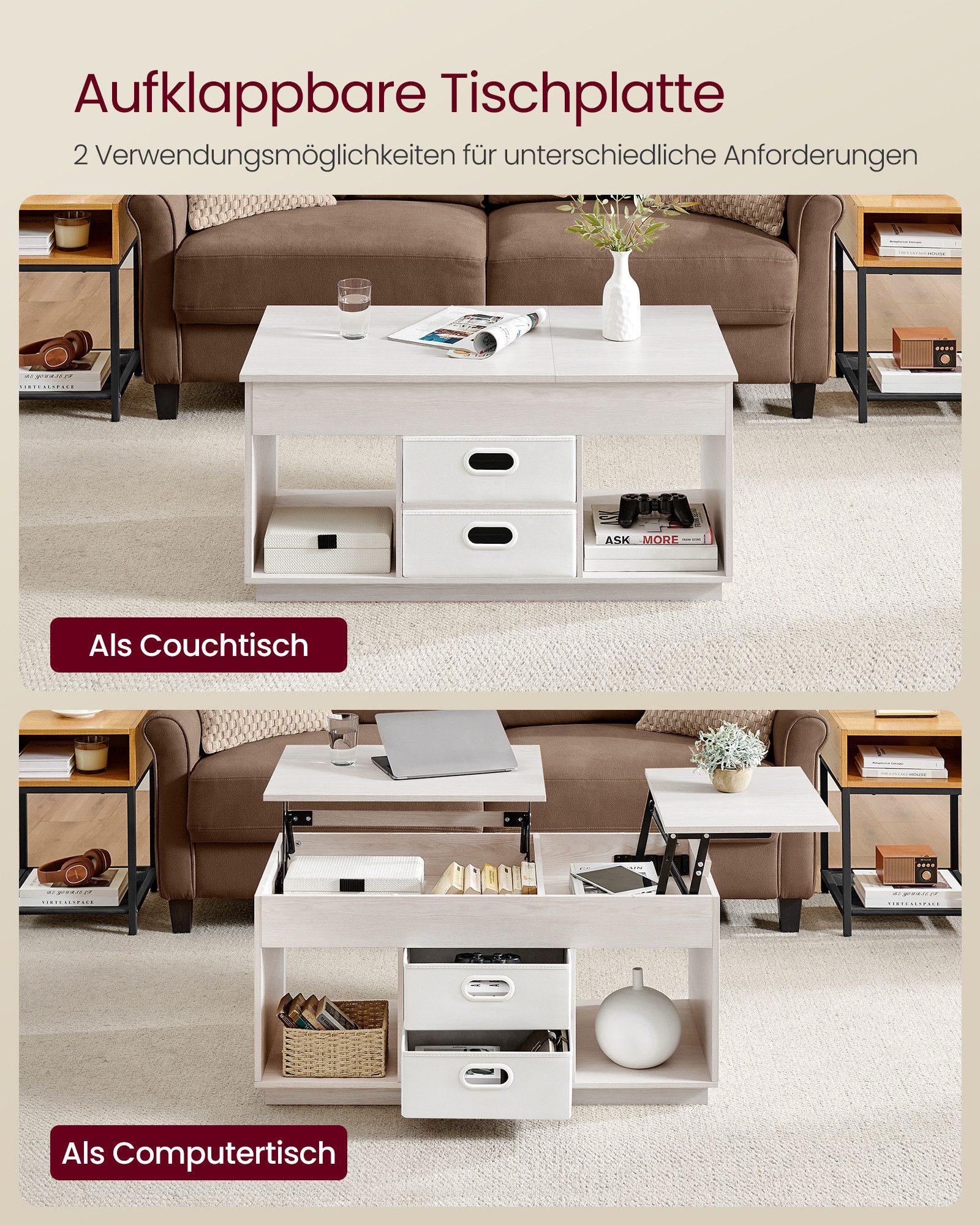 VASAGLE Couchtisch höhenverstellbarer Wohnzimmertisch, für Wohnzimmer, Homeoffice (inkl. Zubehörpaket & Anleitung), 2 Schubladen und versteckte Fächer, Kaffeeti – Bild 4 von 5