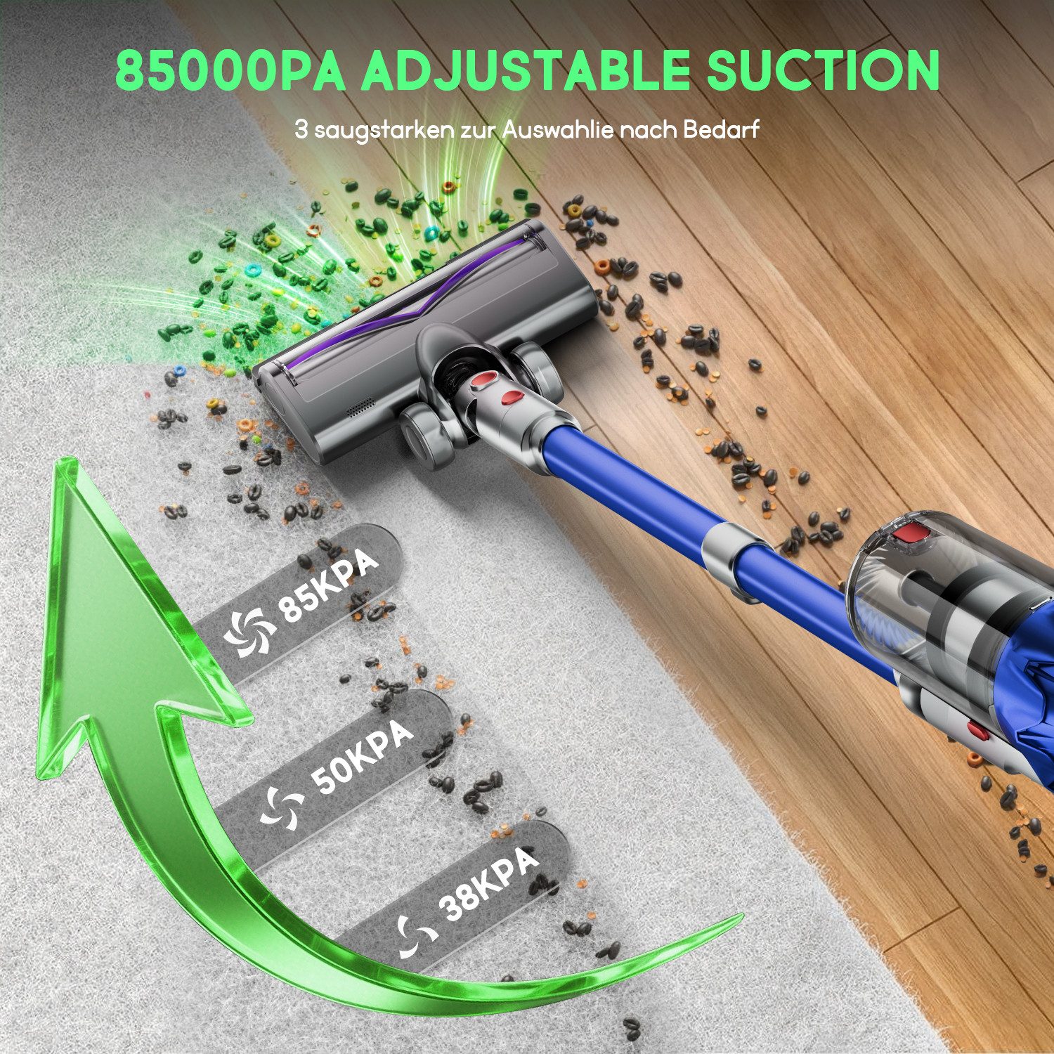 Hiazurm Akku-Hand-und Stielstaubsauger Akku Staubsauger,85000Pa/2.8L/70min OLED-Display Staubsauger Kabellos, 3 Stufen Bürstenloser Motor Stabstaubsauger Grüne Schmutz-Erkennung, Akkusauger für Tierhaare, Teppich & Auto