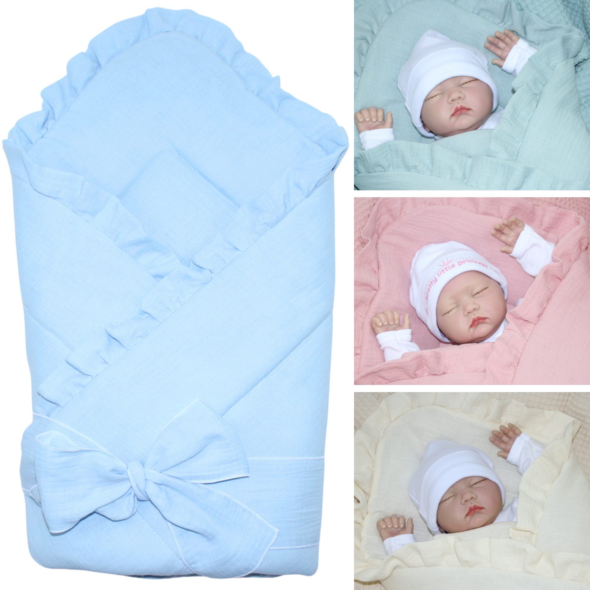 Primawela Babybettdecke Babyhörnchen Musselin mit Rüschen & Schleife Steckkissen Babydecke