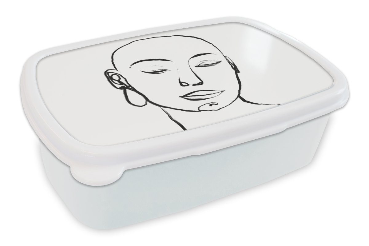 MuchoWow Lunchbox Frau - Schwarz - Weiß - Minimalismus, Kunststoff, (2-tlg), Brotbox für Kinder und Erwachsene, Brotdose, für Jungs und Mädchen
