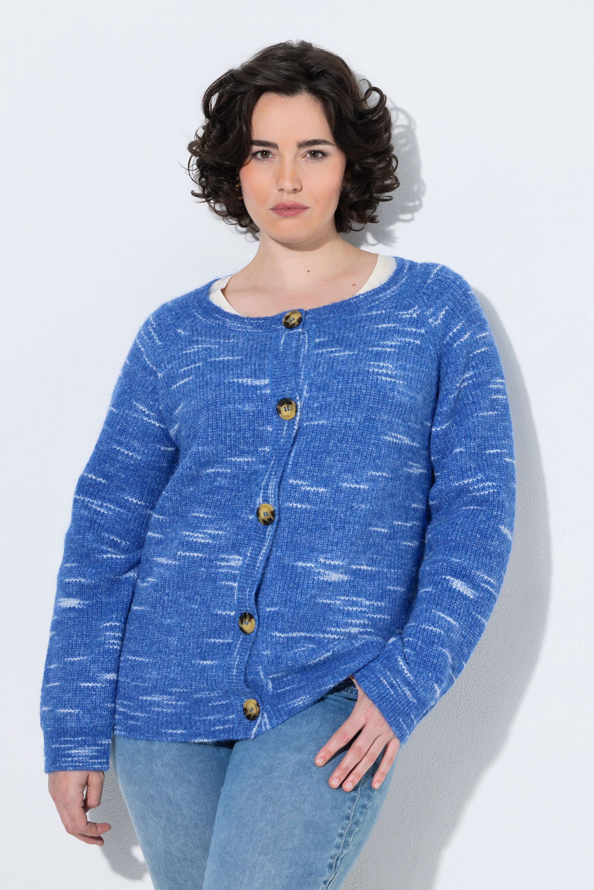 Ulla Popken Strickjacke Strickjacke Melange-Rippstrick Rundhals Langarm
