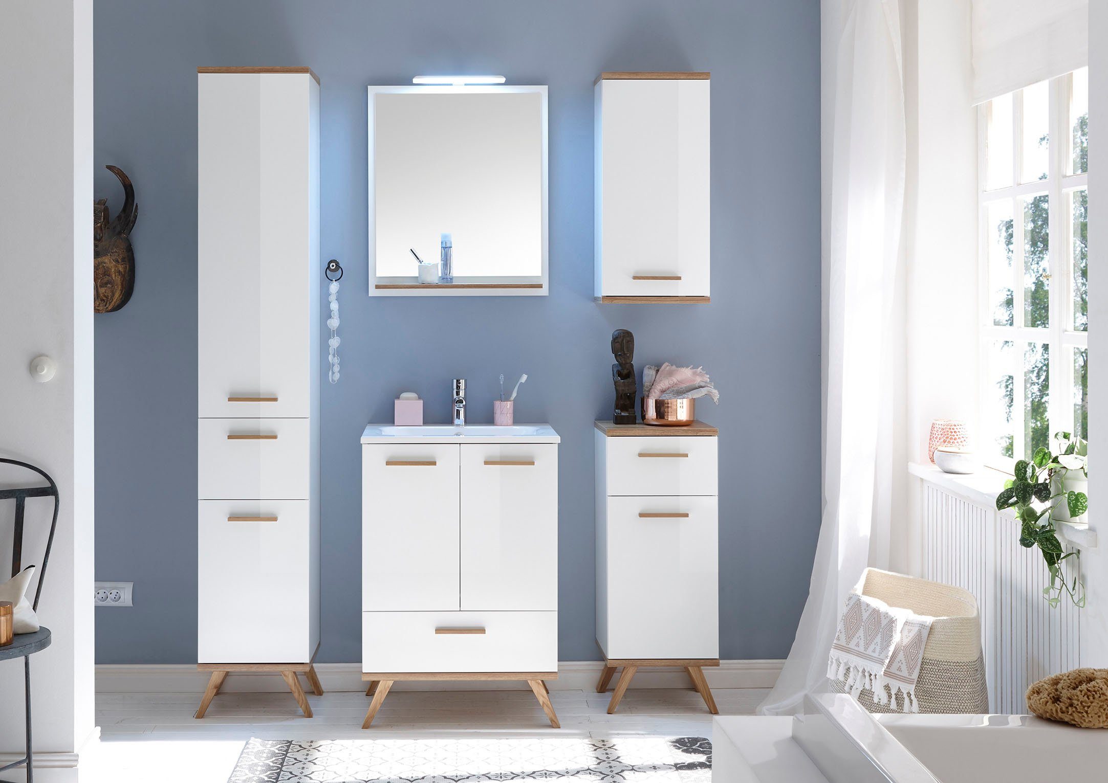 Saphir Waschtisch Quickset Mineralmarmor-Waschtisch mit Unterschrank, 61 cm breit, Wachplatz, Holzgriffe, inkl. Türdämpfer, 2 Türen, 1 Schublade