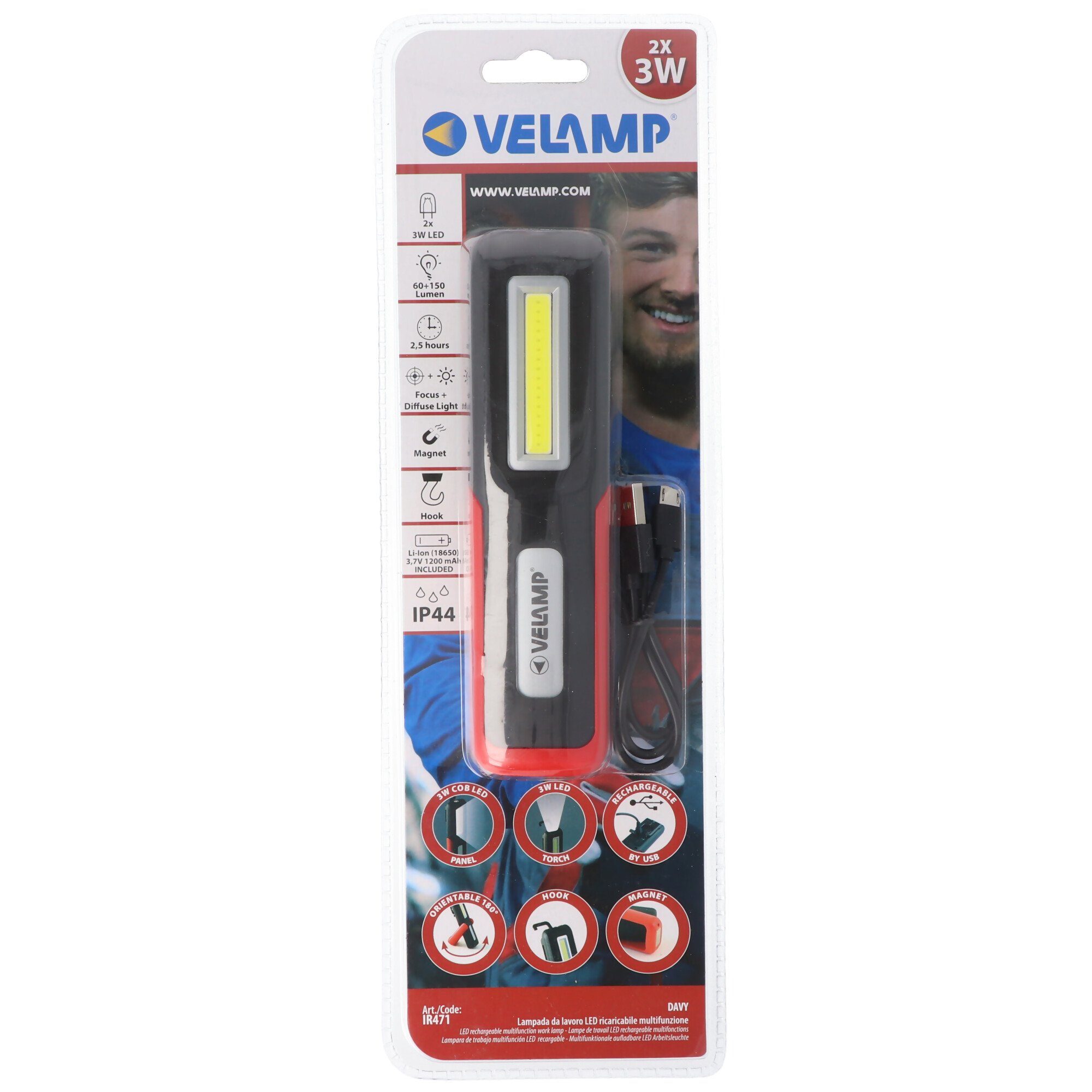 Velamp LED-Arbeitsleuchte, Multifunktionale Arbeitsleuchte Ar wiederaufladbar USB, per 2in1