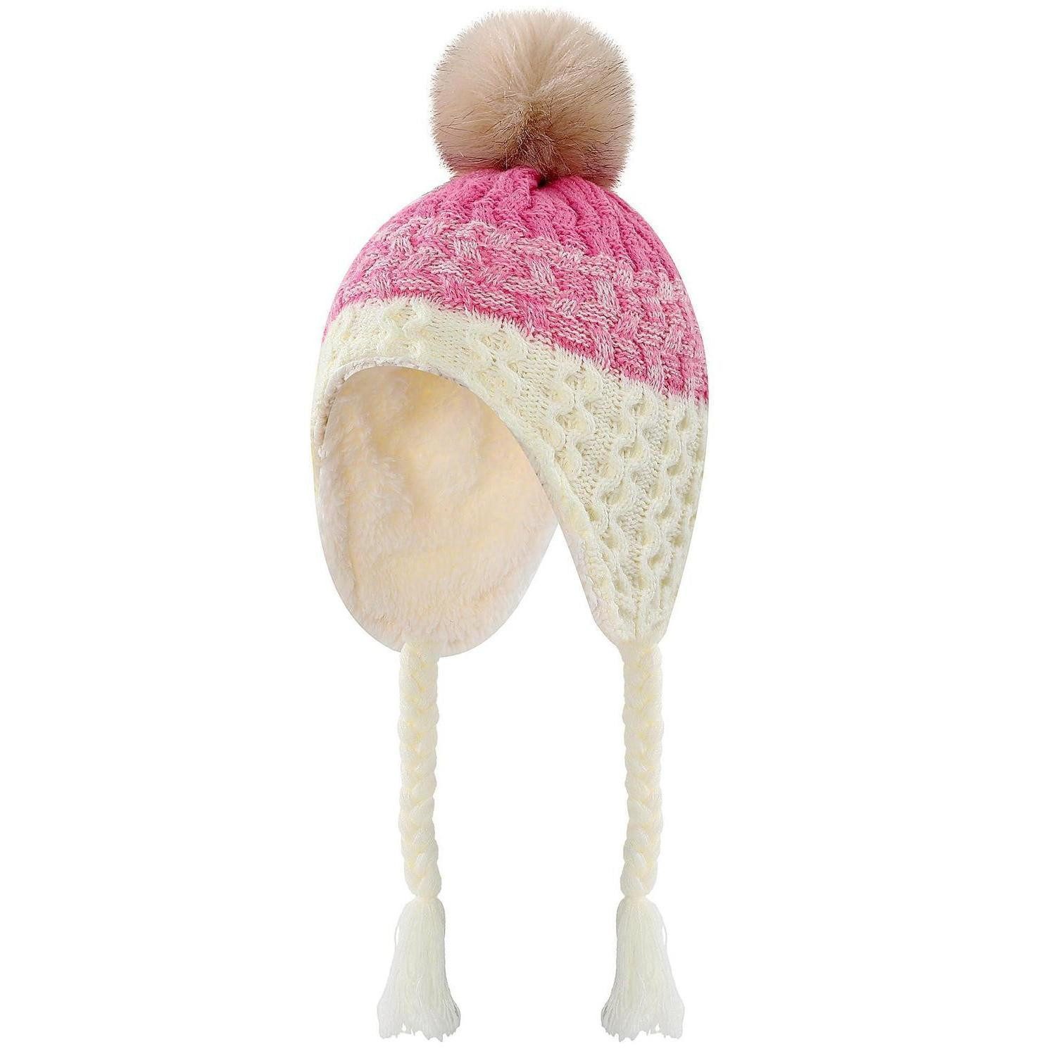 LuxusKollektion Bommelmütze Wintermütze mit Bommel und Ohrenklappen Weiß/Rosa (1-St)