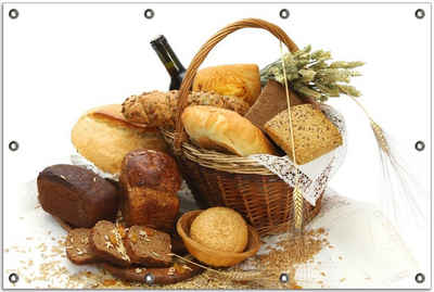 Wallario Sichtschutzzaunmatten Brot und Brötchen im eleganten Korb - mit Wein und Getreide